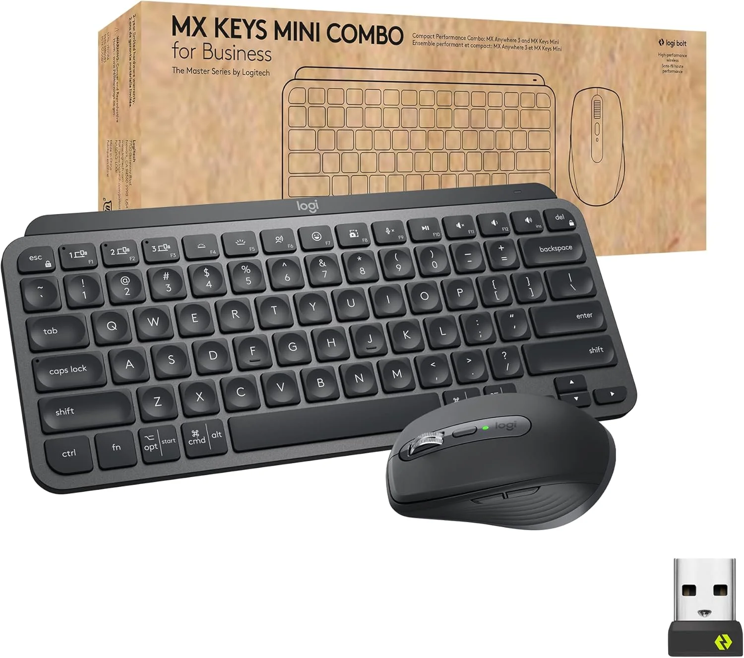 مجموعه مینی کیبورد و ماوس بی سیم لاجیتک MX Keys Mini برای کسب و کار، جمع و جور، فناوری Logi Bolt، بلوتوث، دارای گواهینامه ویندوز/مک/کروم/لینوکس - گرافیت