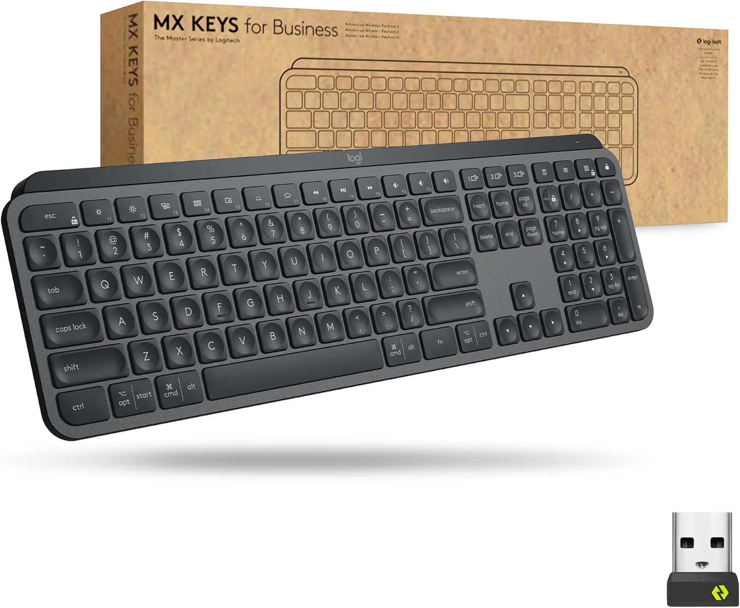 کیبورد بی سیم نورانی پیشرفته لاجیتک MX Keys برای کسب و کار، گیرنده USB Logi Bolt، بلوتوث، کلیدهای دارای نور پس زمینه، قابل شارژ، ویندوز/مک/لینوکس - گرافیت