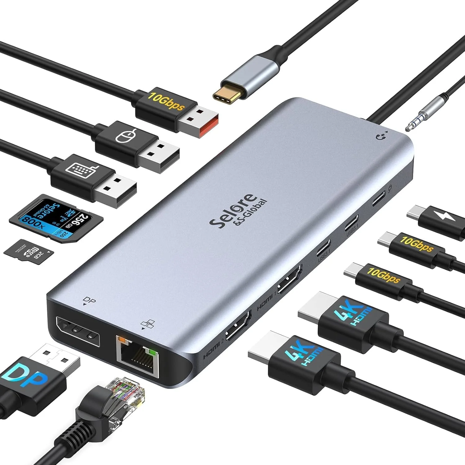 داک استیشن لپ تاپ USB C سلور، داک استیشن هاب USB C 13 در 1 با 3 مانیتور با پورت های 4K DP+4K HDMI+PD+RJ45 Ethernet+USB 3.1&2.0+SD/TF+Audio سازگار برای Macbook Dell HP