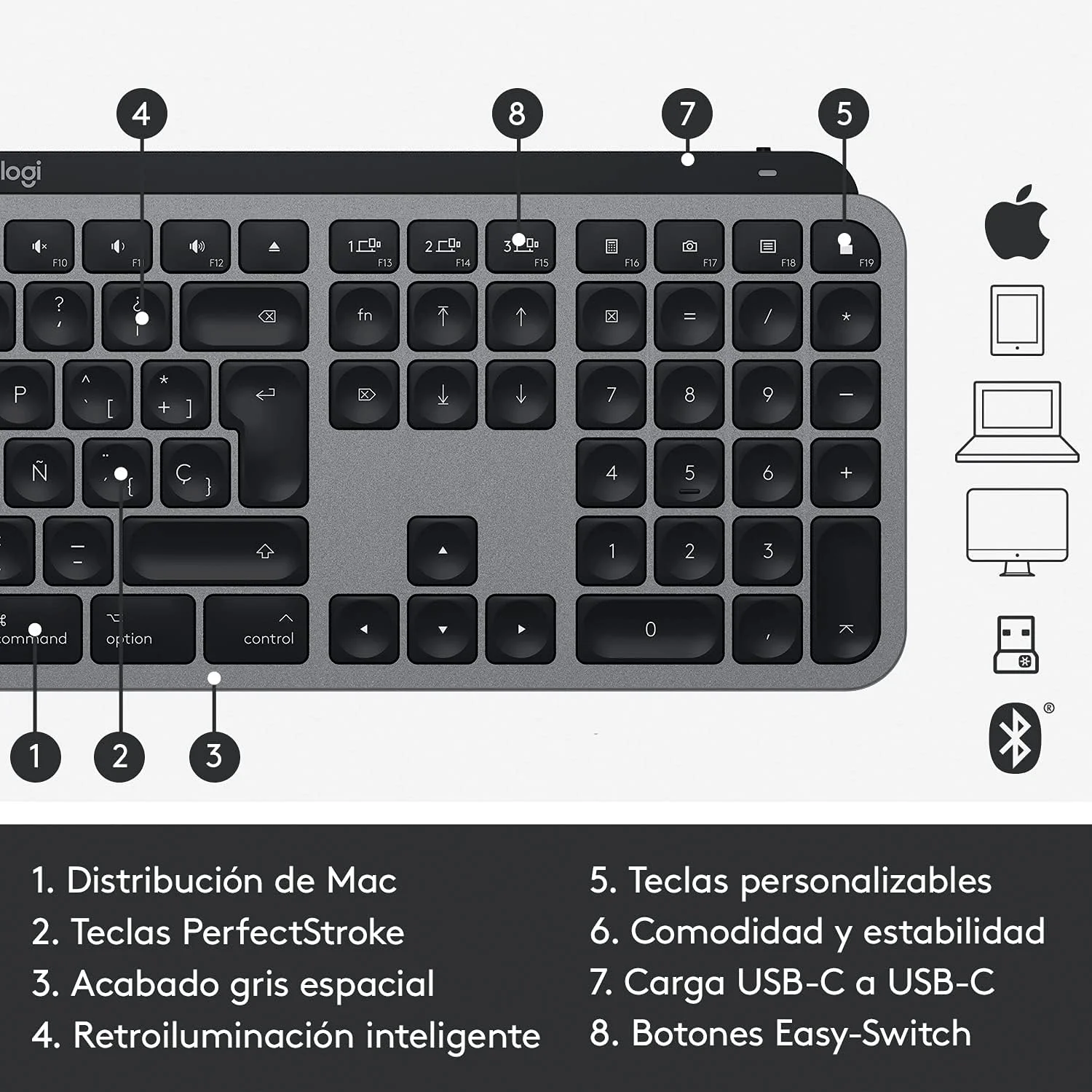 کیبورد بیسیم نورانی پیشرفته لاجیتک MX Keys برای مک، طرحبندی QWERTY اسپانیایی - خاکستری کیبورد بیسیم نورانی پیشرفته لاجیتک MX Keys برای مک، طرحبندی QWERTY اسپانیایی - خاکستری