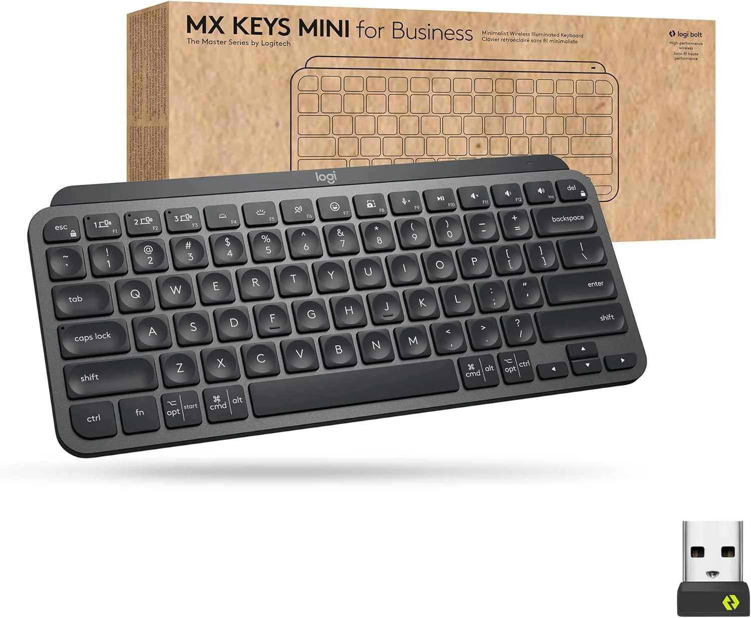 کیبورد بی‌سیم نورانی لاجیتک MX Keys Mini برای کسب و کار، جمع و جور، فناوری Logi Bolt، دارای نور پس‌زمینه، قابل شارژ، دارای گواهینامه جهانی، سازگار با Windows/Mac/Chrome/Linux - گرافیت
