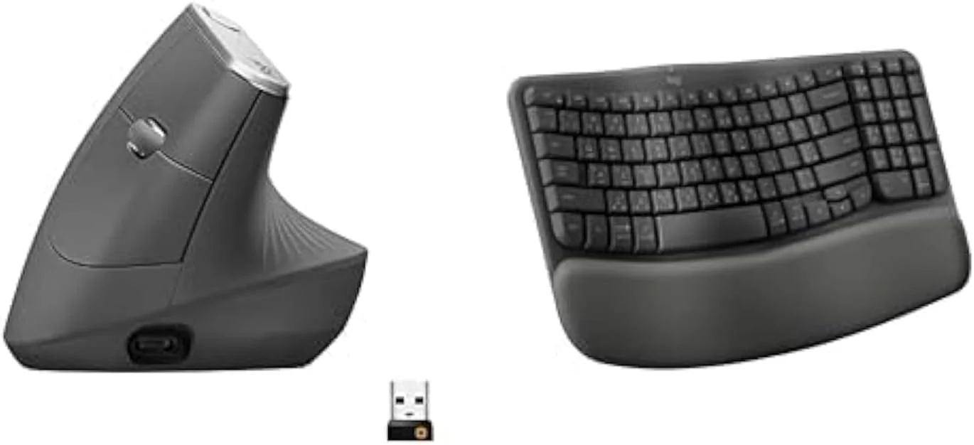 باندل ارگونومیک لاجیتک Wave Keys و MX Vertical Mouse - کیبورد بی‌سیم با تکیه‌گاه مچی نرم و ماوس بی‌سیم عمودی - Easy-Switch، بلوتوث، برای سیستم‌عامل‌های مختلف، ویندوز/مک - طرح‌بندی ARA