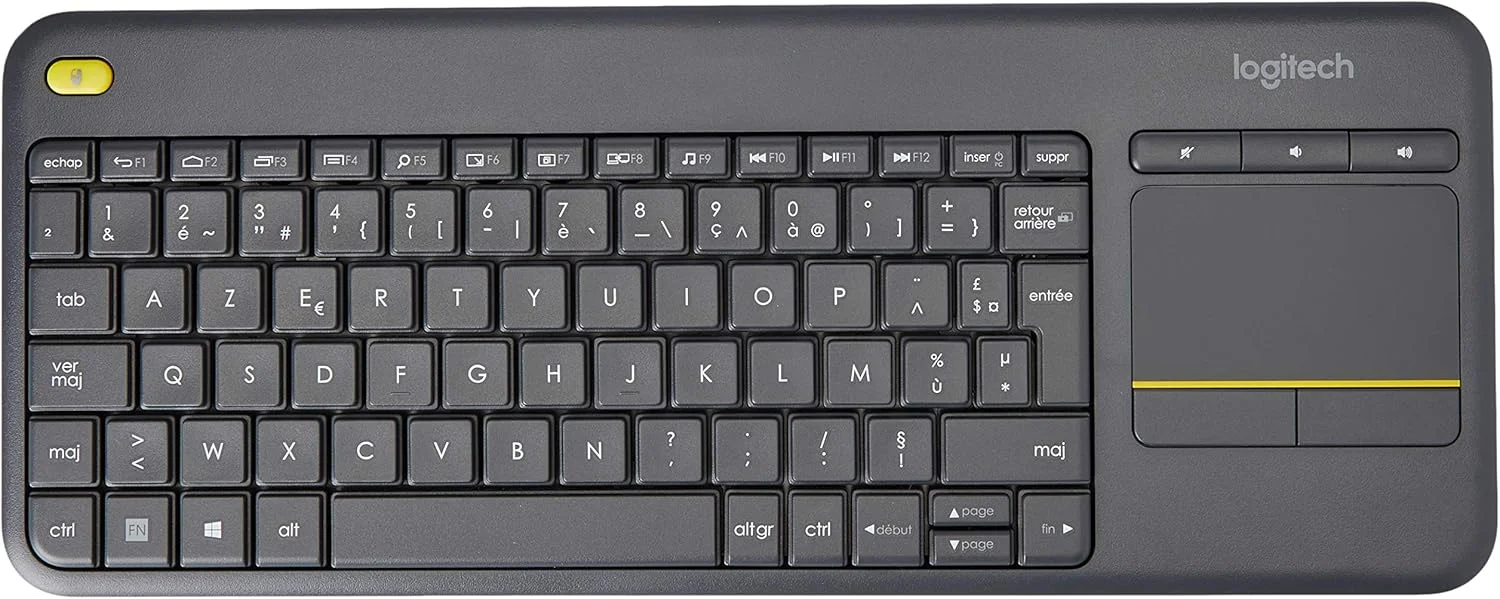 کیبورد لمسی بی سیم مخصوص تلویزیون لاجیتک مدل K400 Plus با کنترل آسان رسانه و تاچ پد داخلی، طرح فرانسوی AZERTY - مشکی