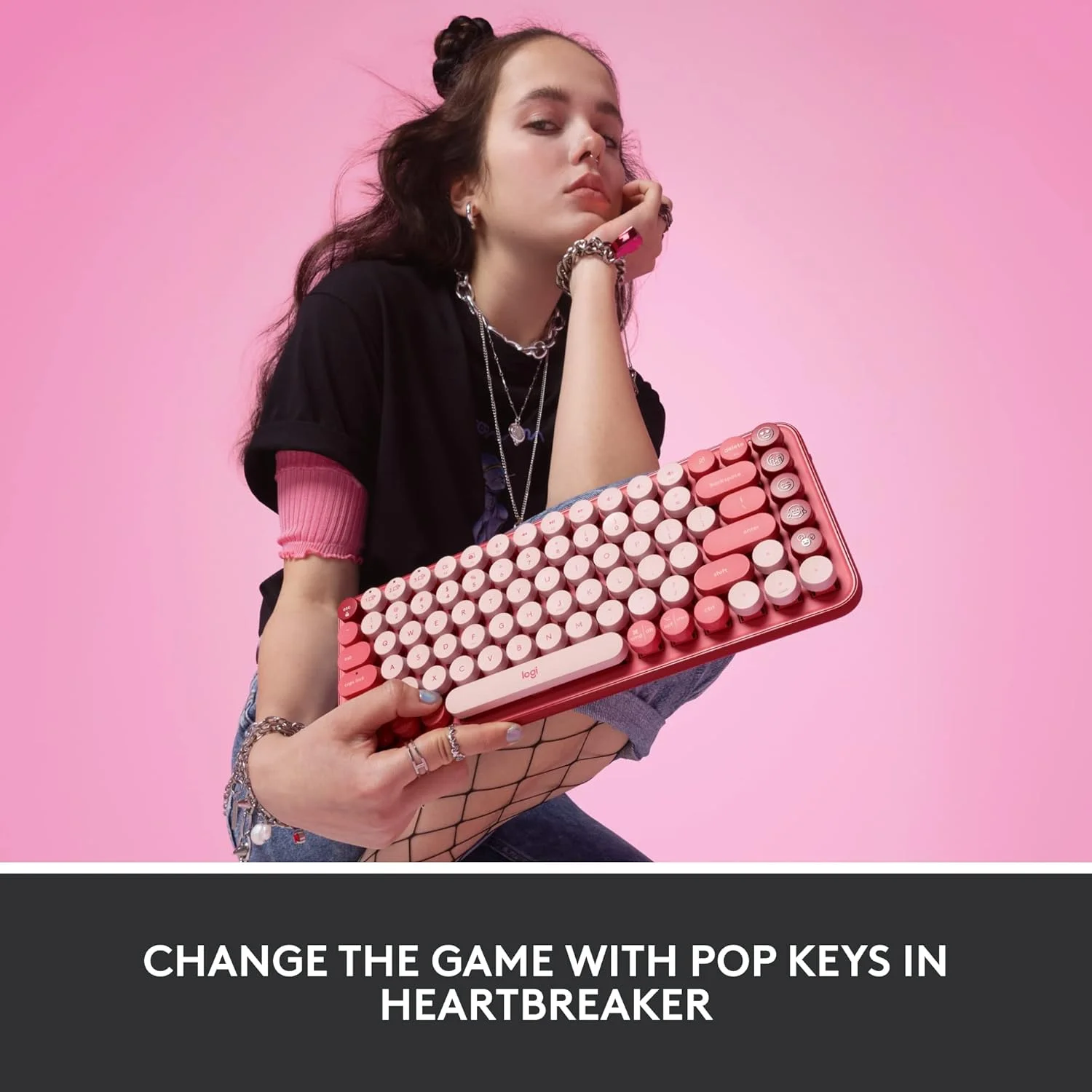 کیبورد مکانیکی بی سیم لاجیتک POP Keys با کلیدهای ایموجی قابل تنظیم، طراحی جمع و جور بادوام، اتصال بلوتوث یا USB، چند دستگاهی، سازگار با سیستم عامل - Heartbreaker Rose کیبورد مکانیکی بی سیم لاجیتک POP Keys با کلیدهای ایموجی قابل تنظیم، طراحی جمع و جور بادوام، اتصال بلوتوث یا USB، چند دستگاهی، سازگار با سیستم عامل - Heartbreaker Rose