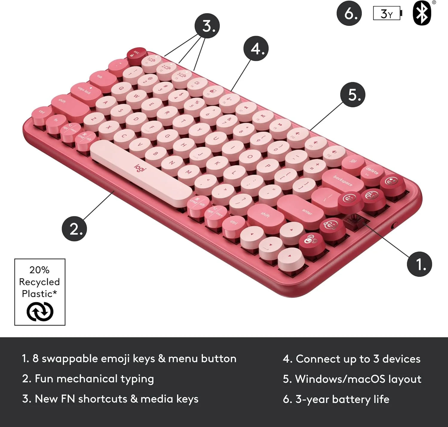 کیبورد مکانیکی بی سیم لاجیتک POP Keys با کلیدهای ایموجی قابل تنظیم، طراحی جمع و جور بادوام، اتصال بلوتوث یا USB، چند دستگاهی، سازگار با سیستم عامل - Heartbreaker Rose کیبورد مکانیکی بی سیم لاجیتک POP Keys با کلیدهای ایموجی قابل تنظیم، طراحی جمع و جور بادوام، اتصال بلوتوث یا USB، چند دستگاهی، سازگار با سیستم عامل - Heartbreaker Rose