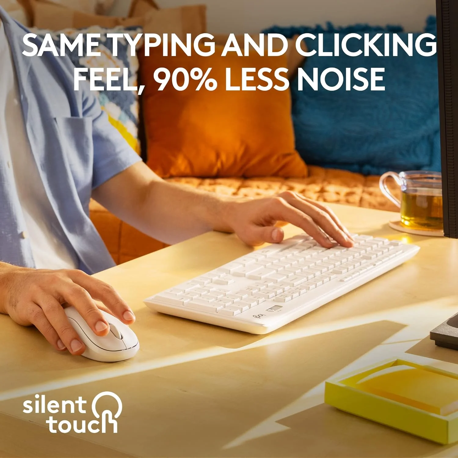 مجموعه ماوس و کیبورد بی‌سیم لاجیتک MK295 با فناوری SilentTouch، صفحه کلید کامل، ردیابی نوری پیشرفته، بی‌سیم بدون تاخیر، 90% صدای کمتر - سفید مایل به کرم