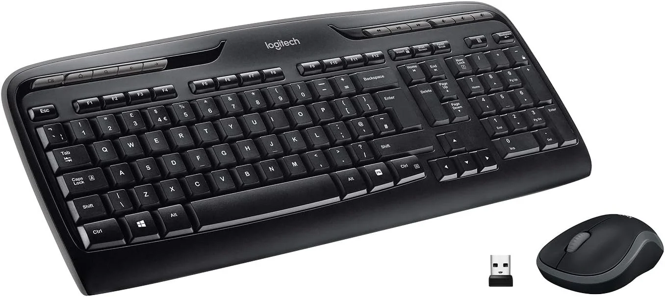 ست کیبورد و ماوس بی‌سیم لاجیتک مدل MK330 مناسب ویندوز، بی‌سیم 2.4 گیگاهرتز با گیرنده USB یکپارچه، ماوس قابل حمل، کلیدهای چندرسانه‌ای، عمر باتری طولانی، طرح‌بندی انگلیسی/عربی برای کامپیوتر/لپ‌تاپ - مشکی