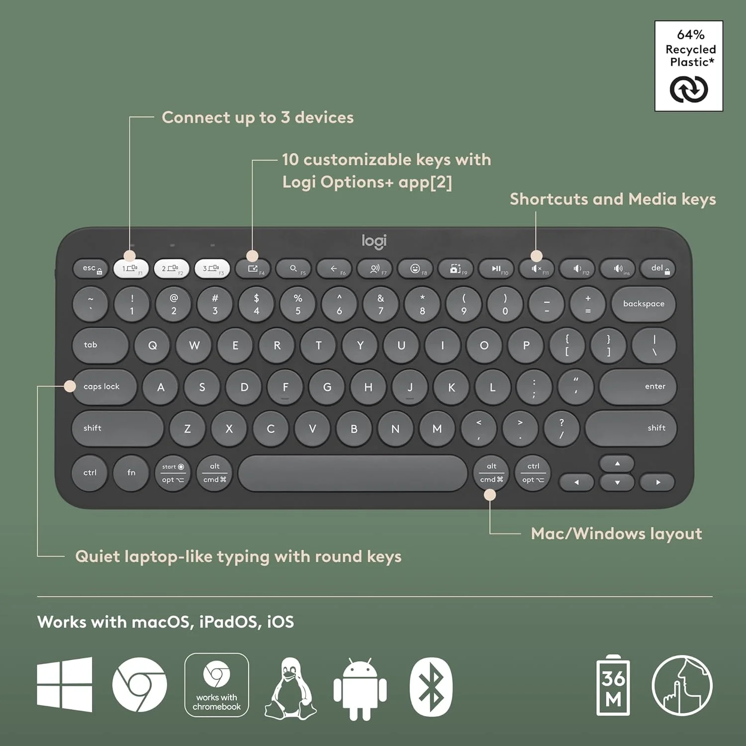 کیبورد بیسیم بلوتوثی چند دستگاهی لاجیتک Pebble Keys 2 K380s با کلیدهای میانبر قابل تنظیم، باریک و قابل حمل، Easy-Switch برای ویندوز، macOS، iPadOS، اندروید، Chrome OS - گرافیت کیبورد بیسیم بلوتوثی چند دستگاهی لاجیتک Pebble Keys 2 K380s با کلیدهای میانبر قابل تنظیم، باریک و قابل حمل، Easy-Switch برای ویندوز، macOS، iPadOS، اندروید، Chrome OS - گرافیت