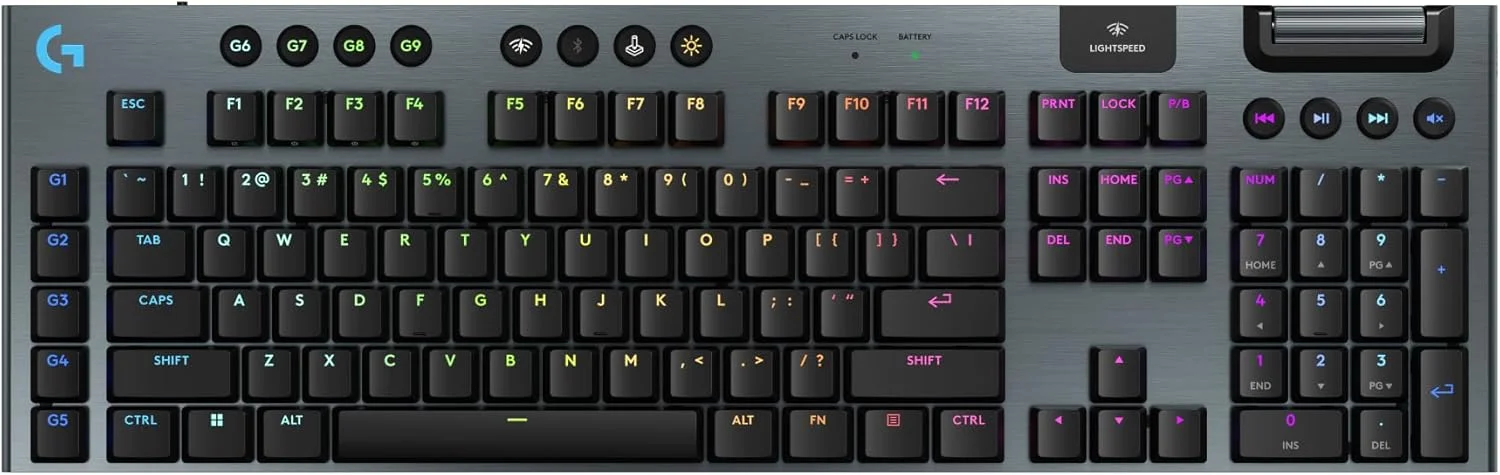 کیبورد گیمینگ مکانیکی بی سیم Logitech G915 X Lightspeed، کلیدهای PBT Double-Shot، کلیدهای کاملاً قابل برنامه ریزی، کیبوردهای گیمینگ RGB با نور پس زمینه Mac/PC، روکش آلومینیومی، سوئیچ های لمسی GL، مشکی
