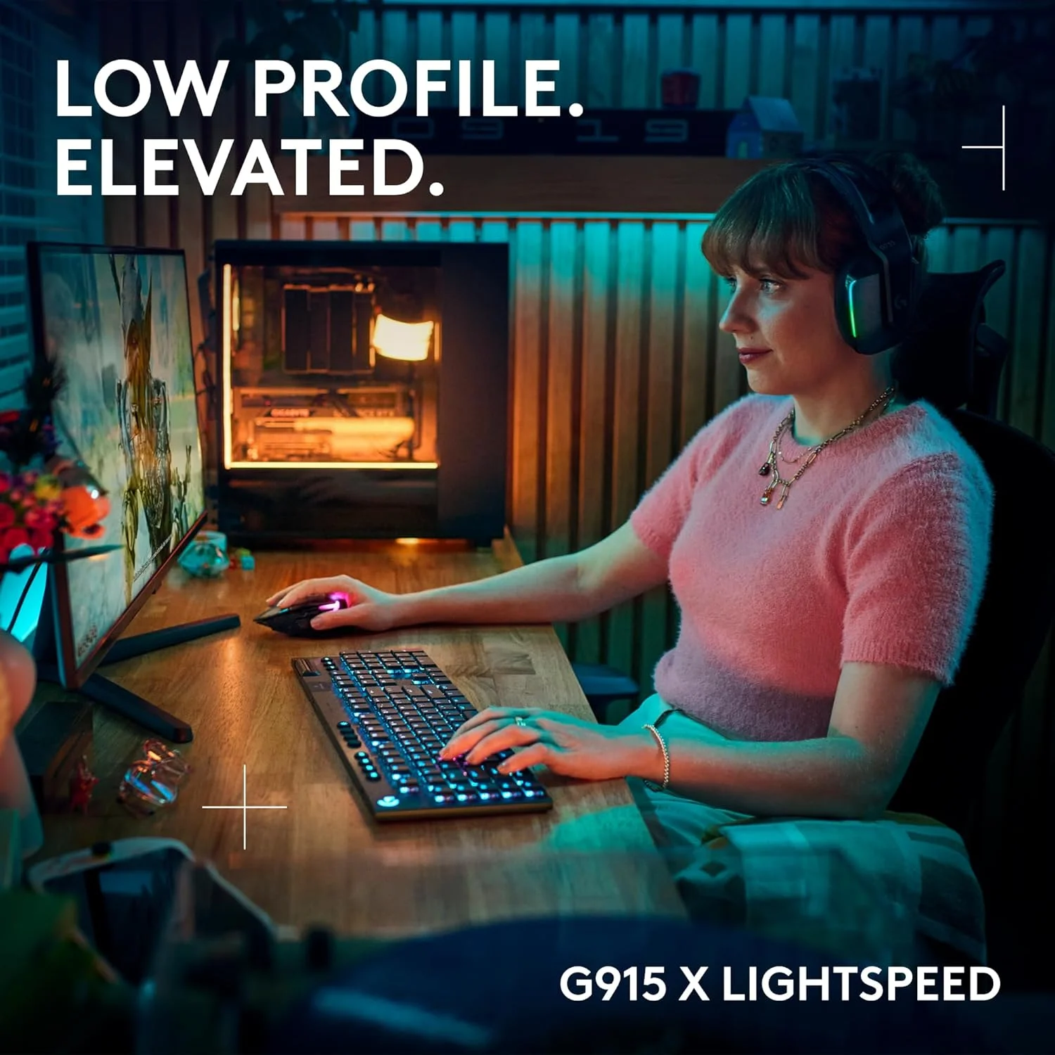 کیبورد گیمینگ مکانیکی بی سیم Logitech G915 X Lightspeed، کلیدهای PBT Double-Shot، کلیدهای کاملاً قابل برنامه ریزی، کیبوردهای گیمینگ RGB با نور پس زمینه Mac/PC، روکش آلومینیومی، سوئیچ های لمسی GL، مشکی