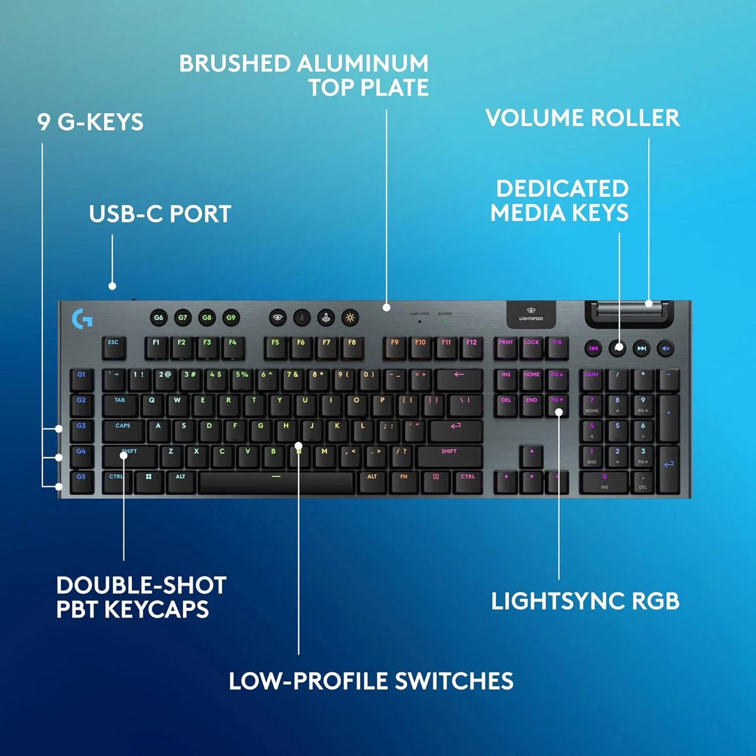 کیبورد گیمینگ مکانیکی بی سیم Logitech G915 X Lightspeed، کلیدهای PBT Double-Shot، کلیدهای کاملاً قابل برنامه ریزی، کیبوردهای گیمینگ RGB با نور پس زمینه Mac/PC، روکش آلومینیومی، سوئیچ های لمسی GL، مشکی