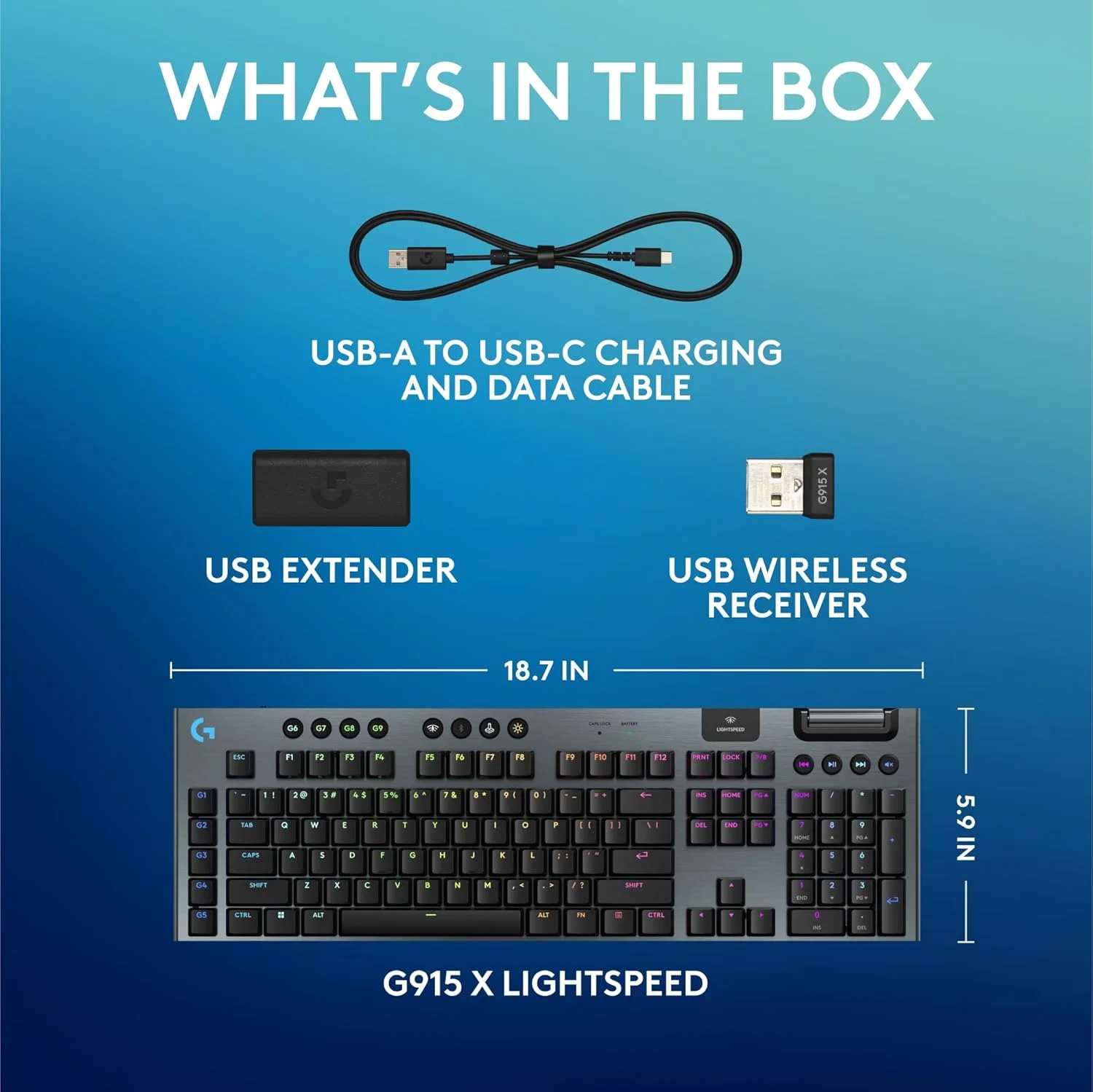 کیبورد گیمینگ مکانیکی بی سیم Logitech G915 X Lightspeed، کلیدهای PBT Double-Shot، کلیدهای کاملاً قابل برنامه ریزی، کیبوردهای گیمینگ RGB با نور پس زمینه Mac/PC، روکش آلومینیومی، سوئیچ های لمسی GL، مشکی