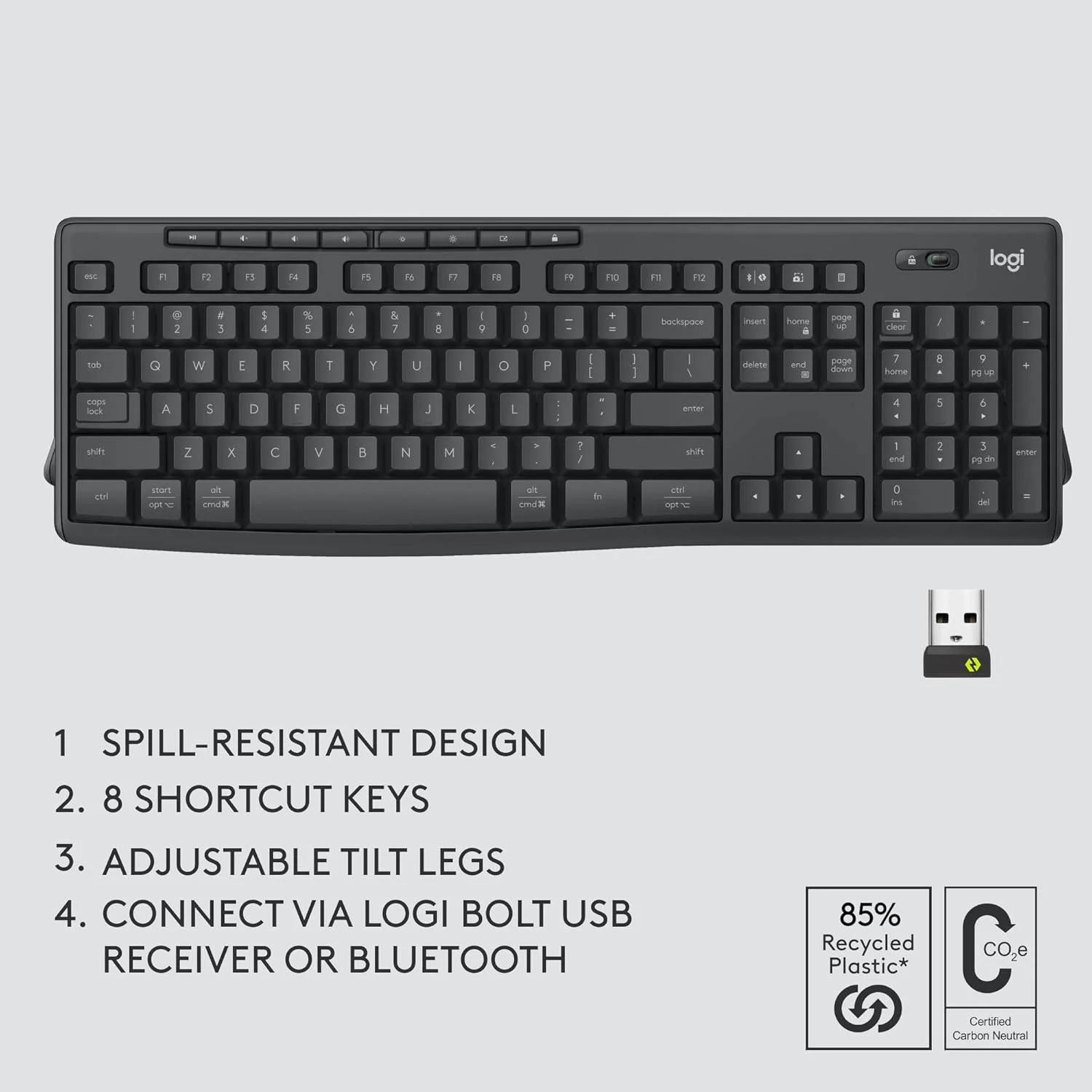 ست ترکیبی لاجیتک MK370 برای کسب و کار، کیبورد وایرلس فول سایز و ماوس وایرلس، گیرنده USB امن Logi Bolt، بلوتوث، دارای گواهینامه جهانی ویندوز/مک/کروم، لینوکس - گرافیت