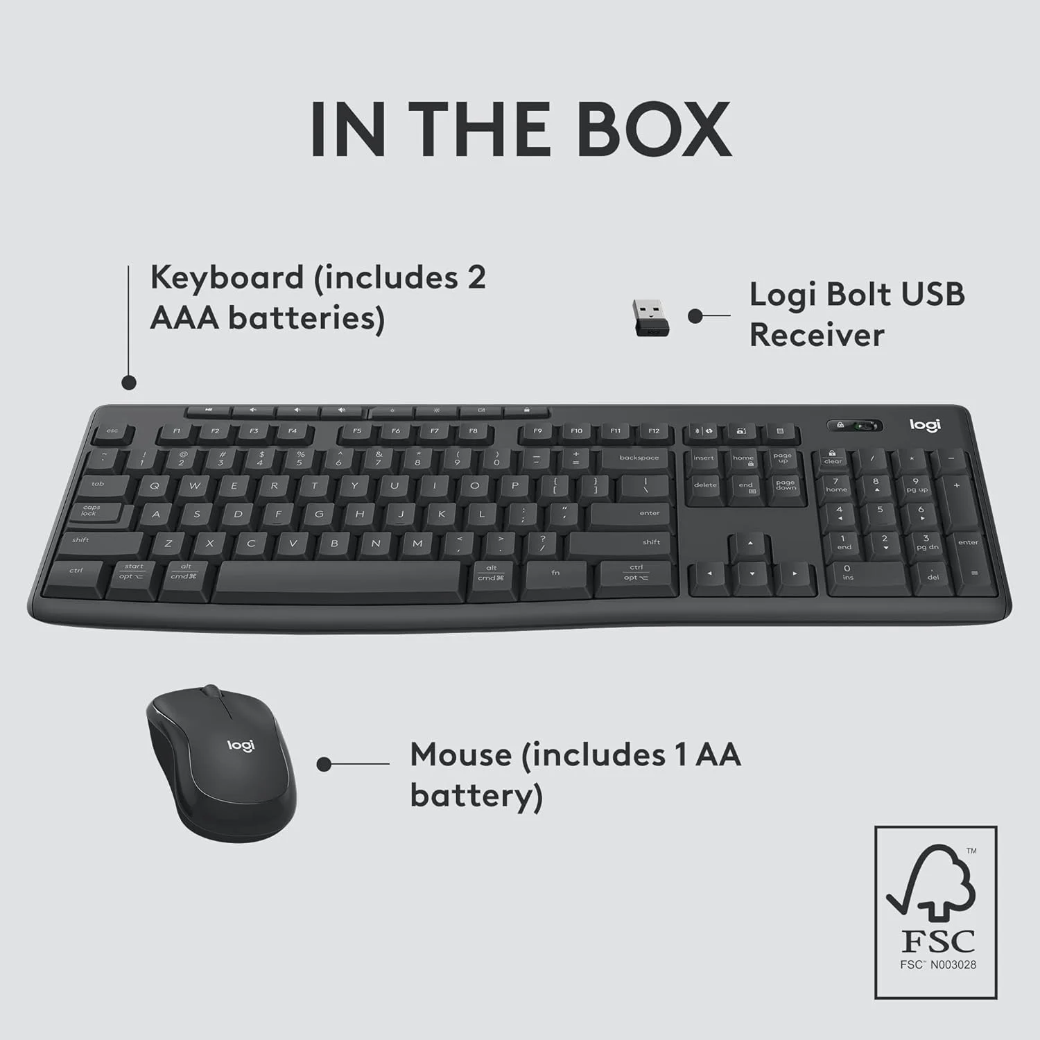 ست ترکیبی لاجیتک MK370 برای کسب و کار، کیبورد وایرلس فول سایز و ماوس وایرلس، گیرنده USB امن Logi Bolt، بلوتوث، دارای گواهینامه جهانی ویندوز/مک/کروم، لینوکس - گرافیت