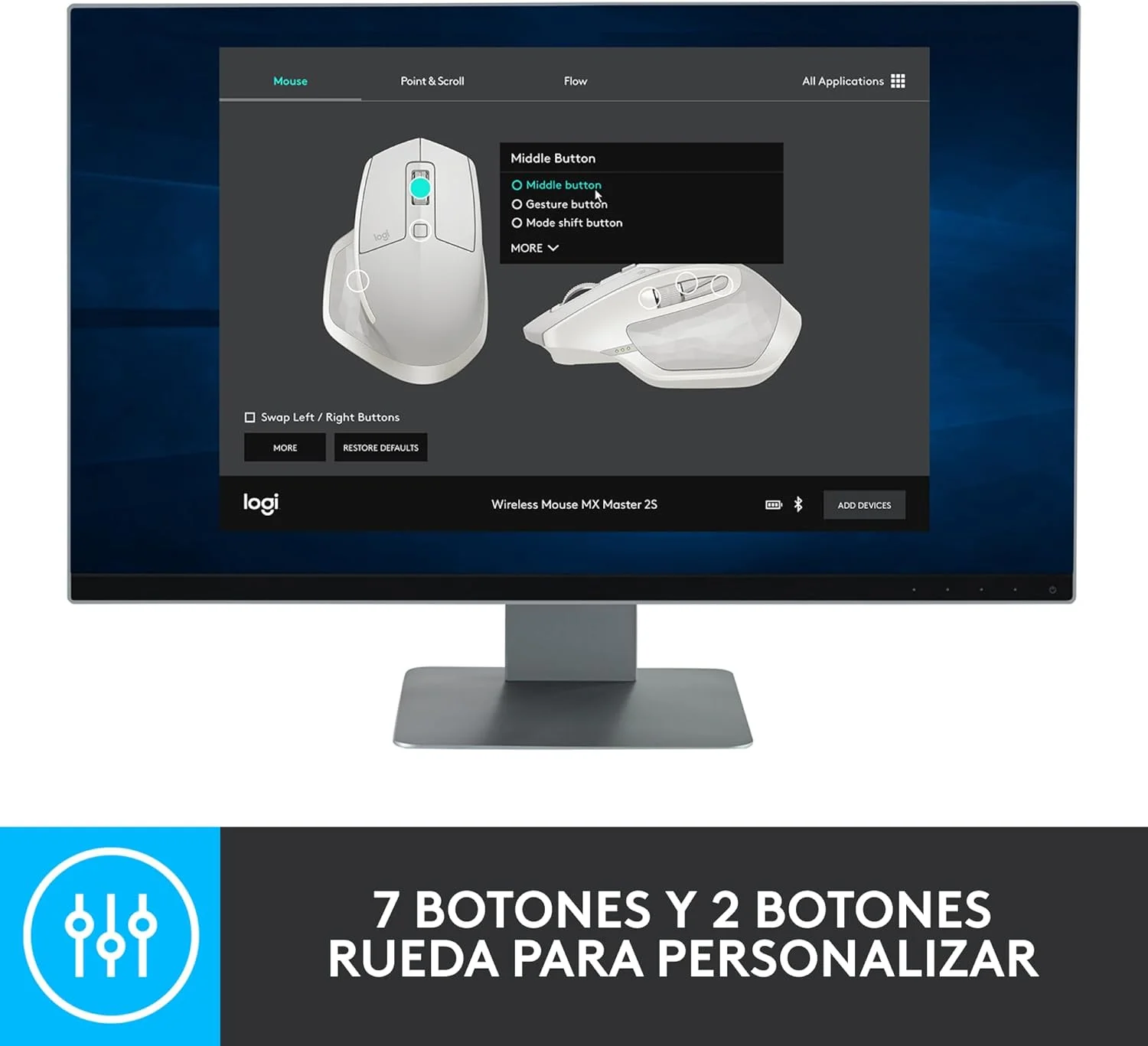موس بی‌سیم لاجیتک MX Master 2S، چند دستگاهی، بلوتوث یا بی‌سیم 2.4 گیگاهرتز با گیرنده USB Unifying، ردیابی 4K DPI روی هر سطحی، 7 دکمه، شارژ سریع، PC/Mac/iPad OS - Graphite