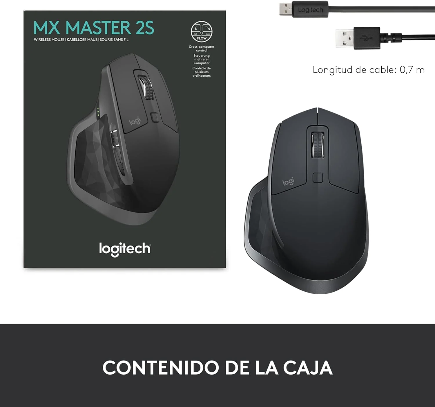 موس بی‌سیم لاجیتک MX Master 2S، چند دستگاهی، بلوتوث یا بی‌سیم 2.4 گیگاهرتز با گیرنده USB Unifying، ردیابی 4K DPI روی هر سطحی، 7 دکمه، شارژ سریع، PC/Mac/iPad OS - Graphite