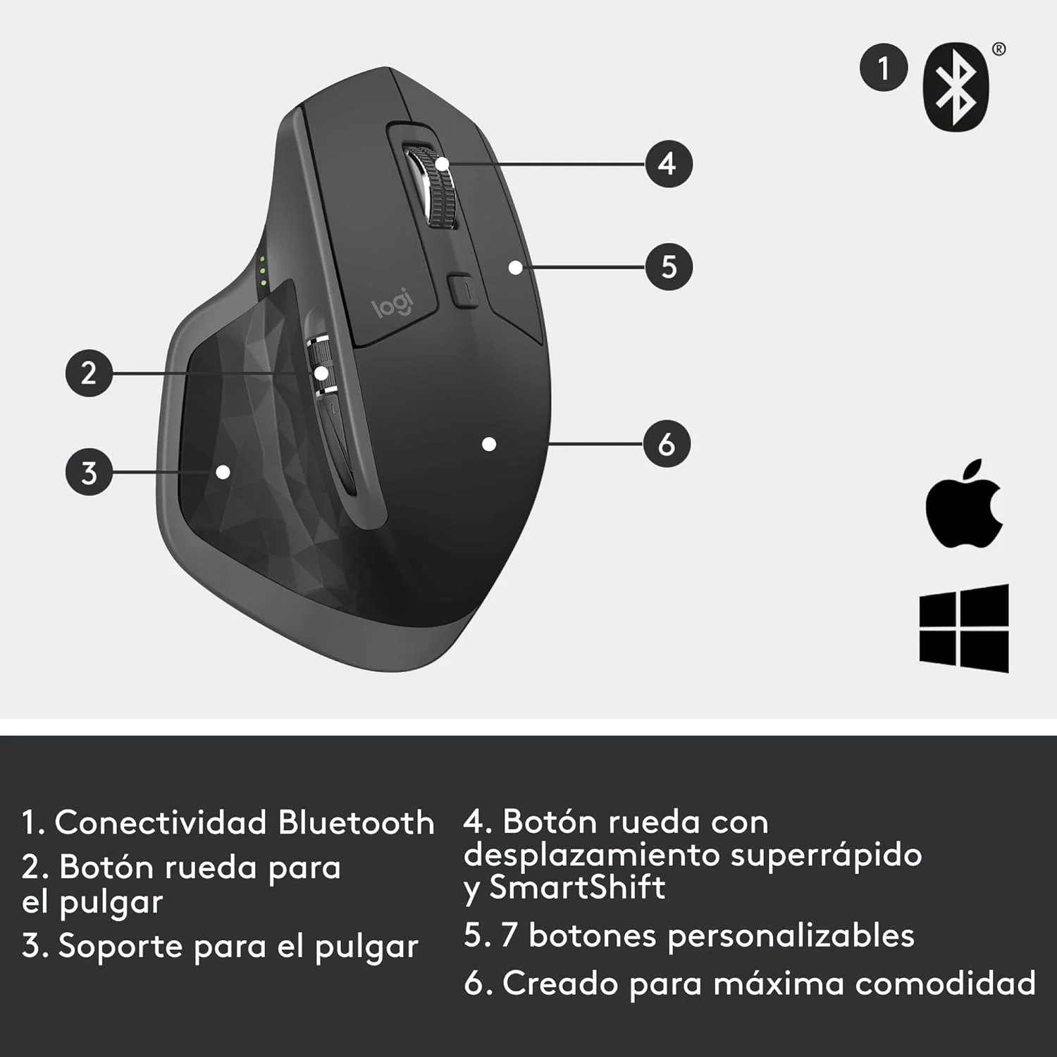 موس بی‌سیم لاجیتک MX Master 2S، چند دستگاهی، بلوتوث یا بی‌سیم 2.4 گیگاهرتز با گیرنده USB Unifying، ردیابی 4K DPI روی هر سطحی، 7 دکمه، شارژ سریع، PC/Mac/iPad OS - Graphite