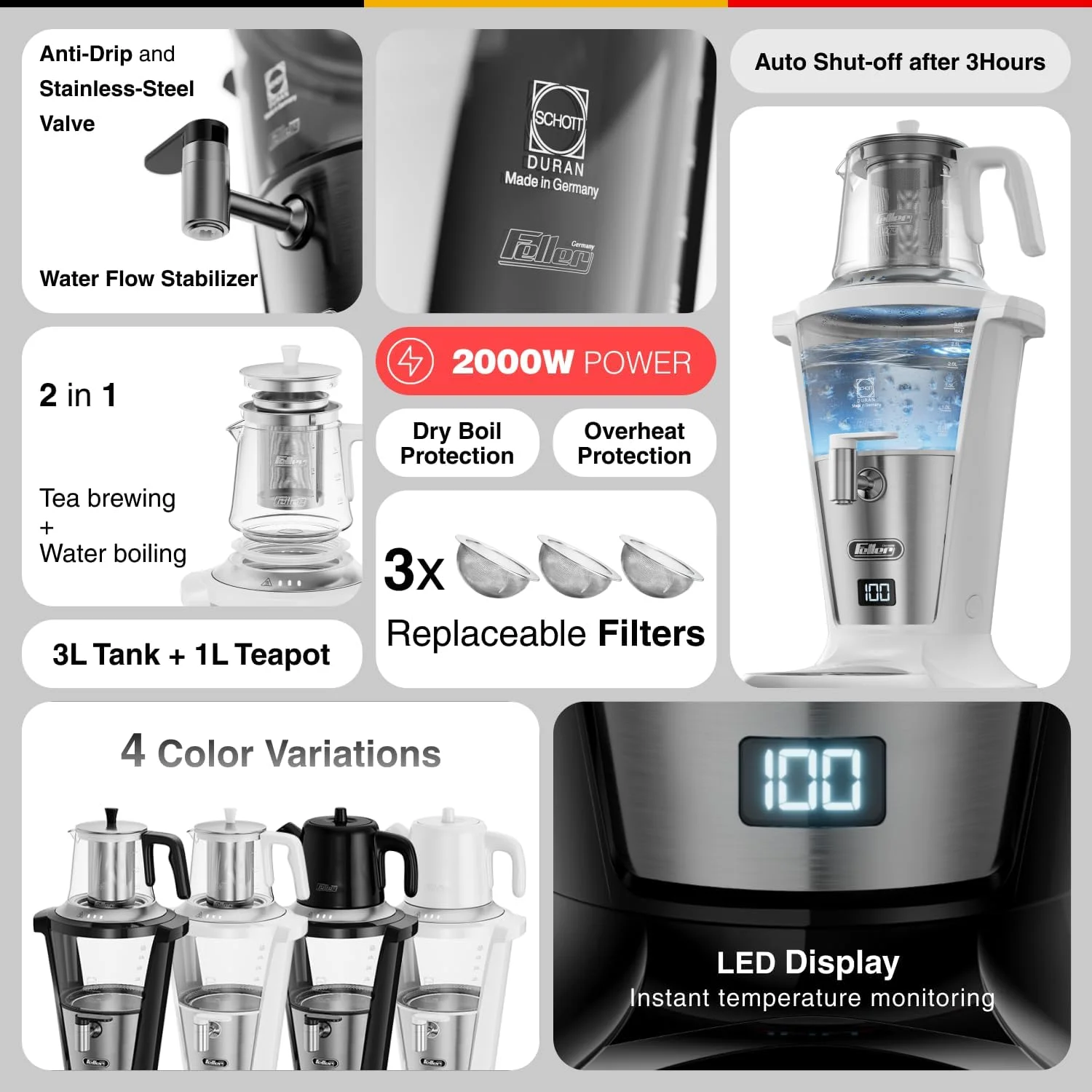 چای ساز سماوری برقی فلر آلمان 2000 وات، سماور 3 لیتری + قوری 1 لیتری، شیشه آلمانی Schott، نمایشگر دیجیتال، شیر ضد چکه، تثبیت کننده جریان آب، 2 سال گارانتی مدل TS390 امارات متحده عربی (سفید)