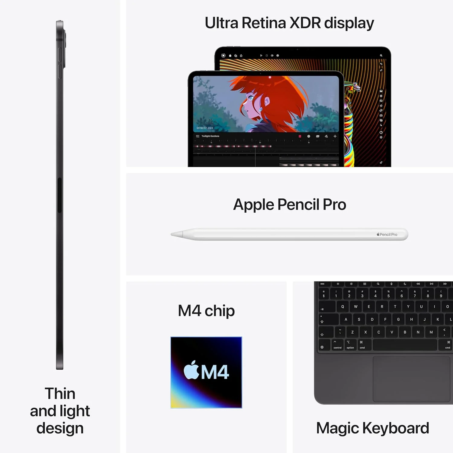 اپل آیپد پرو ۱۱ اینچی (M4): نمایشگر Ultra Retina XDR، ۵۱۲ گیگابایت، دوربین جلوی ۱۲ مگاپیکسلی Landscape / دوربین پشتی ۱۲ مگاپیکسلی، Wi-Fi 6E + 5G Cellular با eSIM، عمر باتری تمام روز، شیشه استاندارد - نقره ای