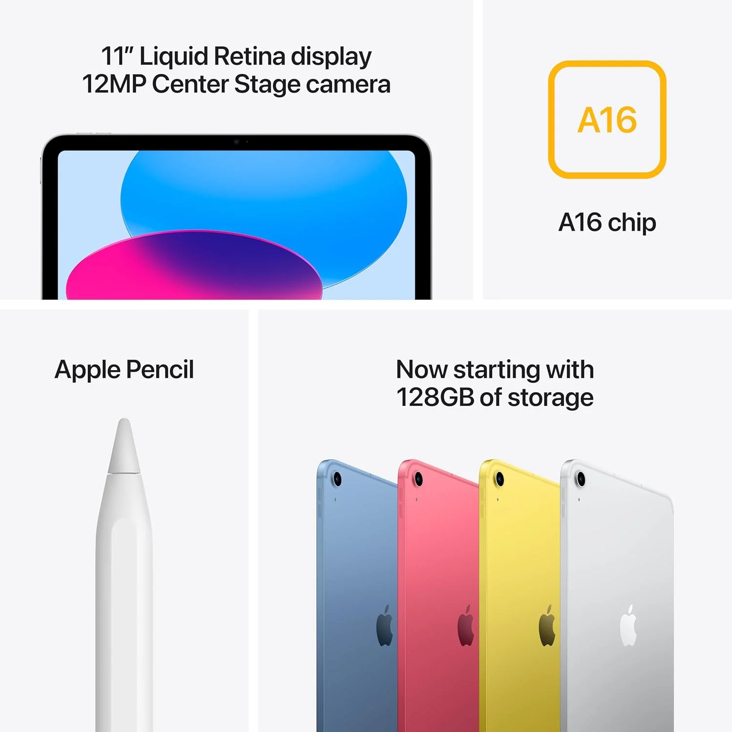 اپل آیپد 11 اینچی: تراشه A16، مدل 11 اینچی، نمایشگر Liquid Retina، 128 گیگابایت، Wi-Fi 6 + 5G Cellular، دوربین جلو 12 مگاپیکسلی/دوربین عقب 12 مگاپیکسلی، Touch ID، عمر باتری تمام روز - نقره ای
