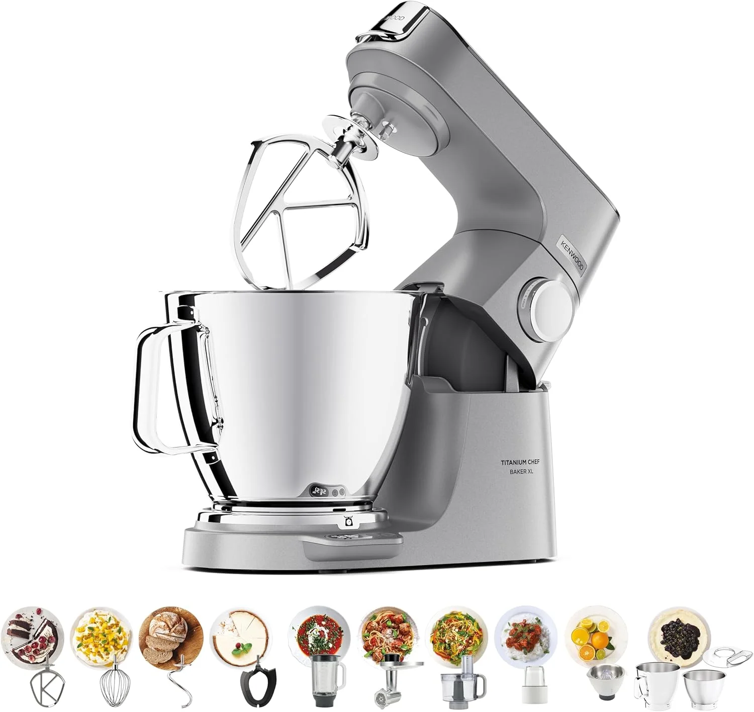 ماشین آشپزخانه بدنه فلزی کنوود مدل TITANIUM CHEF BAKER XL با ترازو داخلی، DuoBowl، 4 ابزار، مخلوط کن شیشه ای، چرخ گوشت، غذاساز، آب مرکبات گیری، آسیاب چند منظوره KVL85.704SI نقره ای