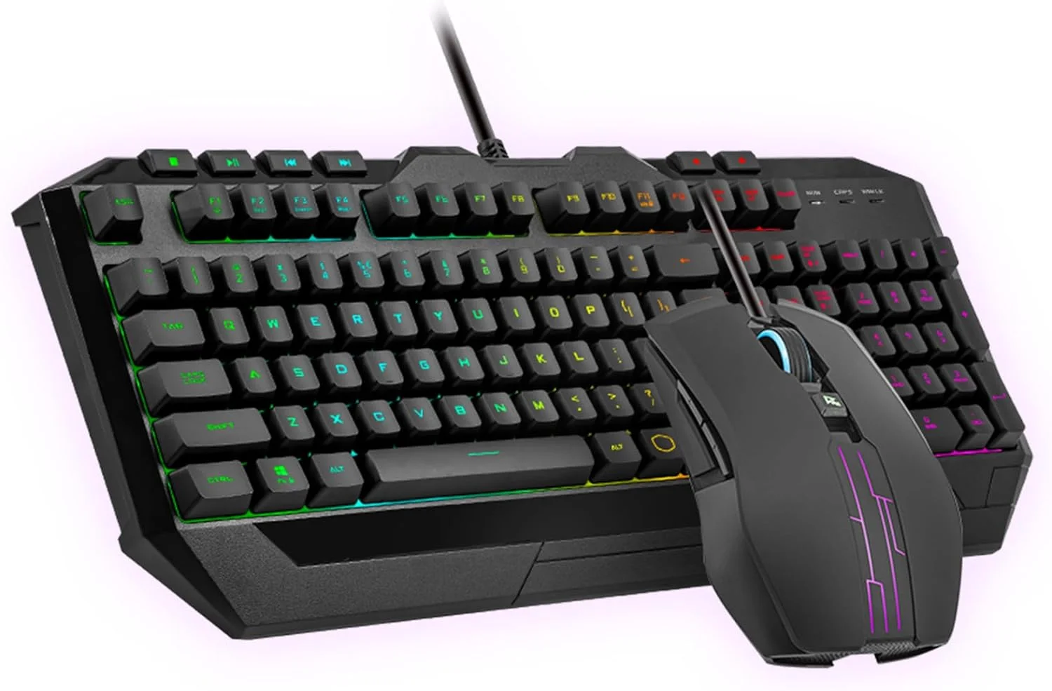 ست کیبورد و ماوس گیمینگ کولر مستر Devastator 3 RGB، کیبورد با نورپردازی RGB شش ناحیه‌ای، 26 کلید Anti-Ghosting، ماوس دو طرفه، ماوس با نورپردازی RGB پنج ناحیه‌ای، سنسور اپتیکال، 4800 DPI، کلیدهای اختصاصی رسانه