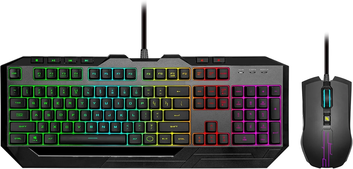 ست کیبورد و ماوس گیمینگ کولر مستر Devastator 3 RGB، کیبورد با نورپردازی RGB شش ناحیه‌ای، 26 کلید Anti-Ghosting، ماوس دو طرفه، ماوس با نورپردازی RGB پنج ناحیه‌ای، سنسور اپتیکال، 4800 DPI، کلیدهای اختصاصی رسانه