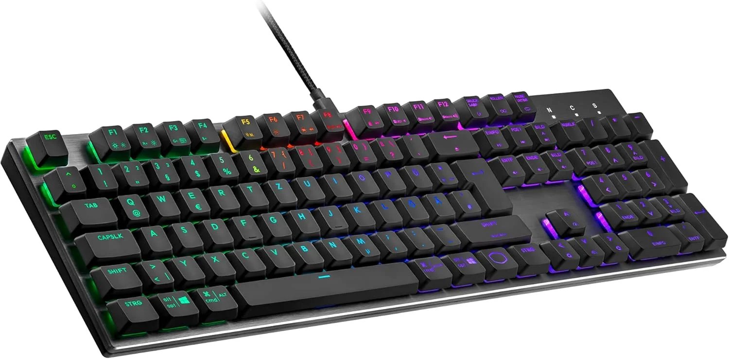 کیبورد گیمینگ مکانیکی Cooler Master SK652 - نور پس زمینه RGB، کنترل فوری، آلومینیوم برس خورده - طرح بندی آلمانی QWERTZ / کلیدهای قرمز