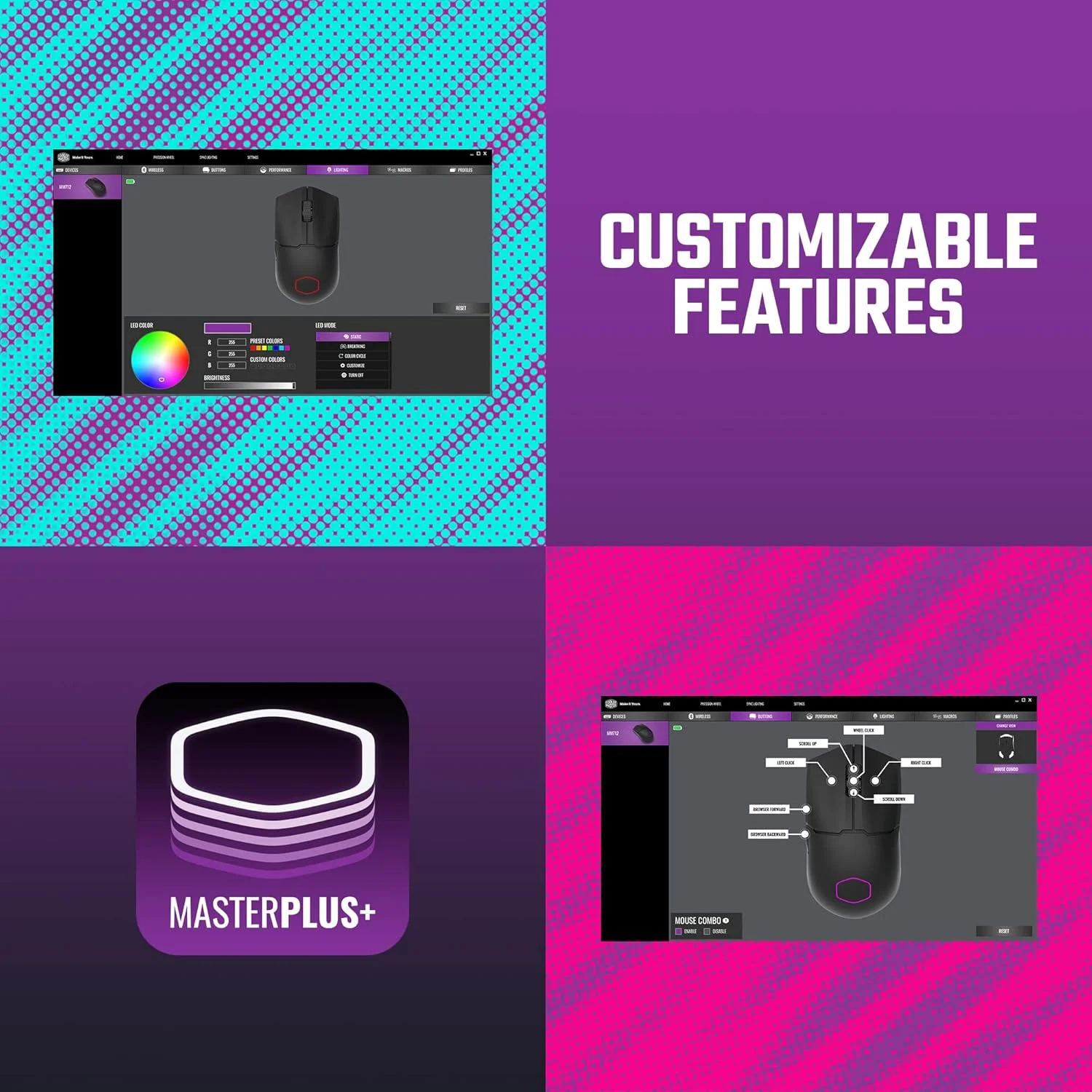 ماوس گیمینگ بیسیم Cooler Master MM712 سفید با DPI قابل تنظیم 19000، 2.4 گیگاهرتز و بلوتوث، کابل Ultraweave، پایه های PTFE، نورپردازی RGB و نرم افزار MasterPlus+ ماوس گیمینگ بیسیم Cooler Master MM712 سفید با DPI قابل تنظیم 19000، 2.4 گیگاهرتز و بلوتوث، کابل Ultraweave، پایه های PTFE، نورپردازی RGB و نرم افزار MasterPlus+