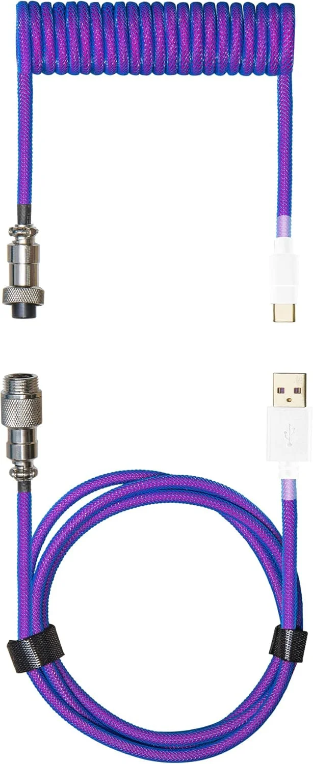 کابل فنری Cooler Master مدل Thunderstorm آبی-بنفش با کانکتور فلزی Aviator جداشدنی، کابل نایلونی بافته شده تقویت شده انعطاف پذیر، USB-A به USB Type-C برای کیبورد