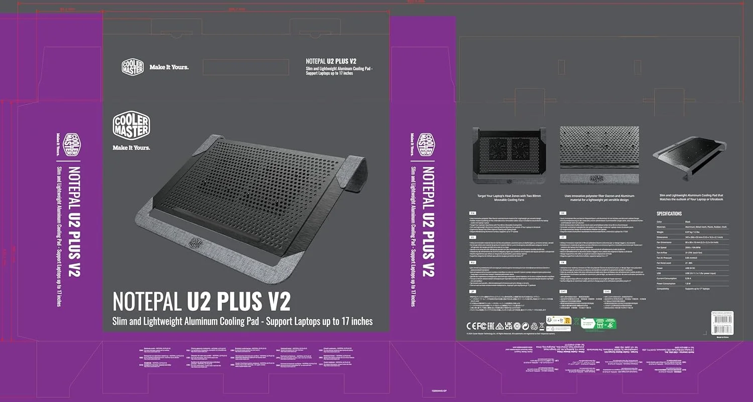 خنک کننده لپ تاپ کولر مستر NotePal U2 PLUS V2 - دارای 2 فن متحرک 80 میلی متری، سبک وزن، فریم آلومینیومی ارگونومیک مشکی با الیاف پلی استر داکرون - 2 سال گارانتی