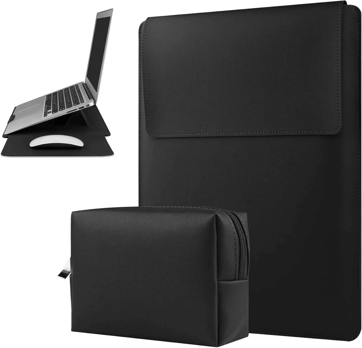 کیف آستینی چرمی لپ تاپ HoYiXi سایز 15 و 16 اینچ با استند قابل تنظیم، سازگار با MacBook Pro 16 2021 و 2019/15.4'' MacBook Pro 15 (A1990 A1707 A1398)/ 15'' Surface Laptop 3، کیف محافظ مشکی