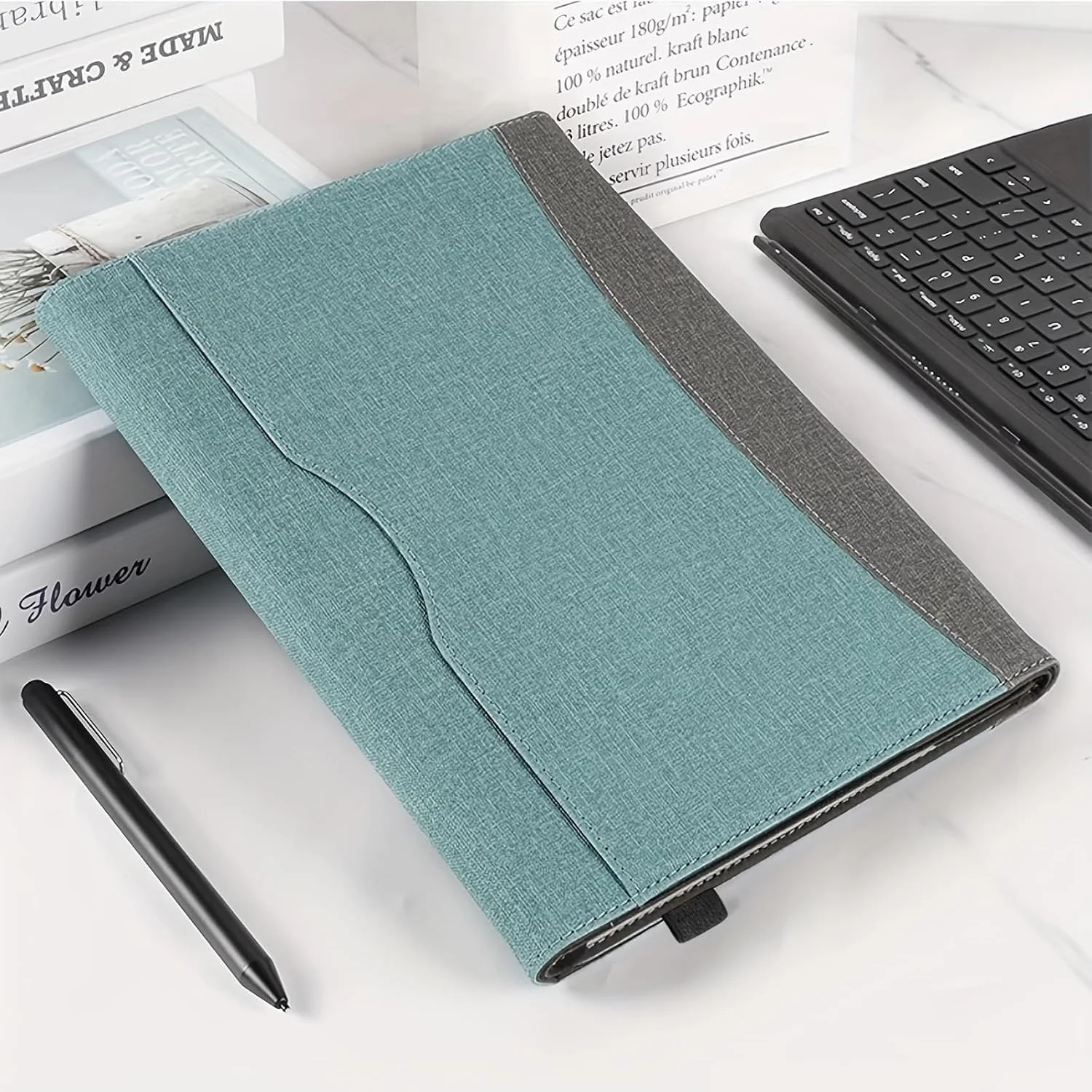 کیف محافظ چرمی Heycase Fashion Splicing PU برای Surface Pro 11/10/9 13 اینچی، با جای قلم، محافظت جامع TPU نرم، آبی+خاکستری