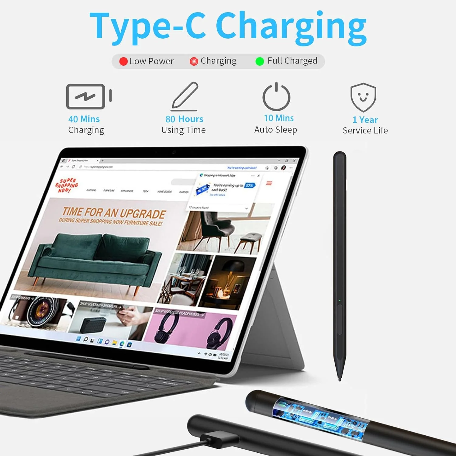 قلم برای مایکروسافت Surface Pro 11/10/9/8/X/7+/6/5/4/3/Surface 3، Surface Go 4/3/2/1، Surface Laptop/Studio/Book 4/3/2/1 با 4096 سطح حساسیت به فشار و پاک کن، رد کف دست، عملکرد شیب