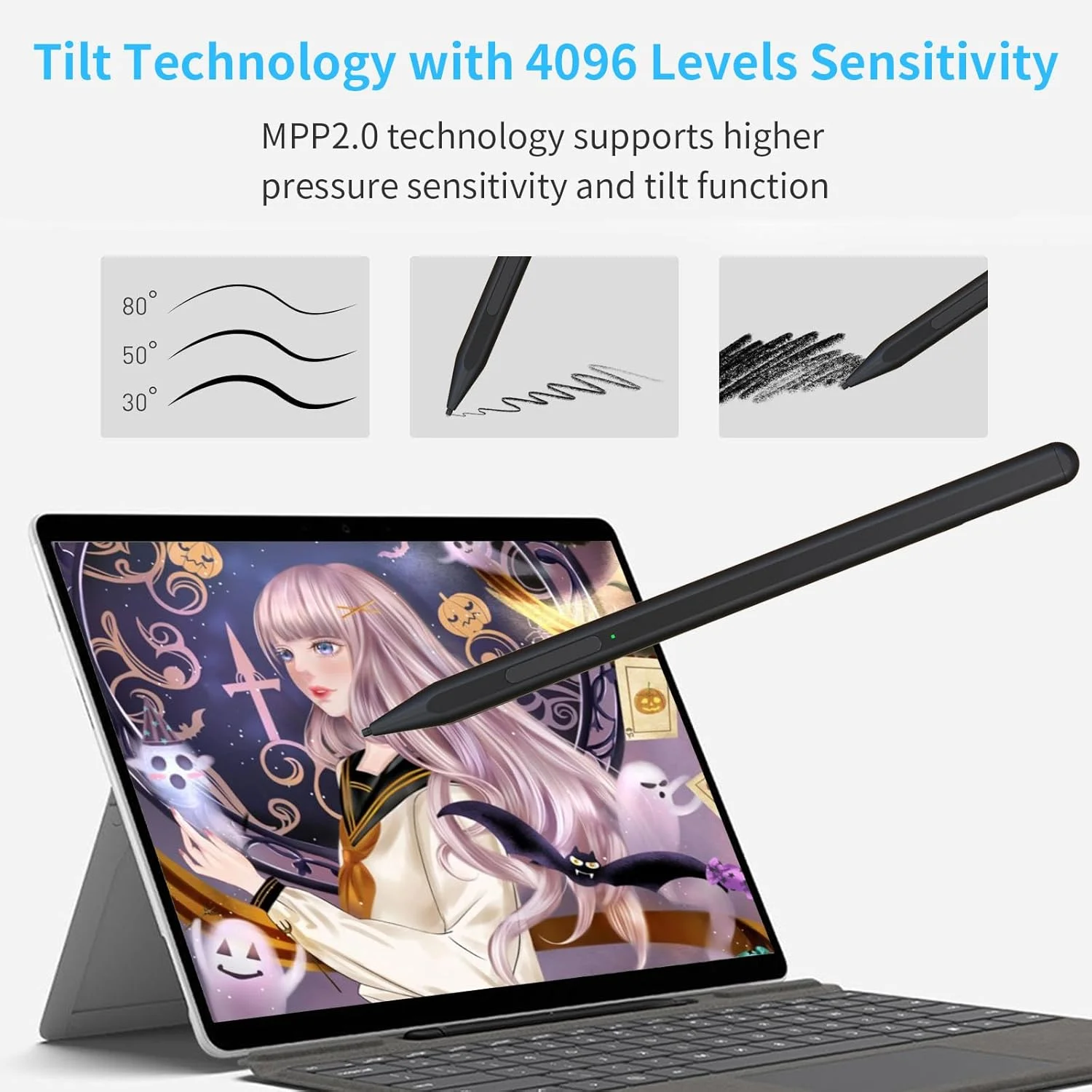 قلم برای مایکروسافت Surface Pro 11/10/9/8/X/7+/6/5/4/3/Surface 3، Surface Go 4/3/2/1، Surface Laptop/Studio/Book 4/3/2/1 با 4096 سطح حساسیت به فشار و پاک کن، رد کف دست، عملکرد شیب