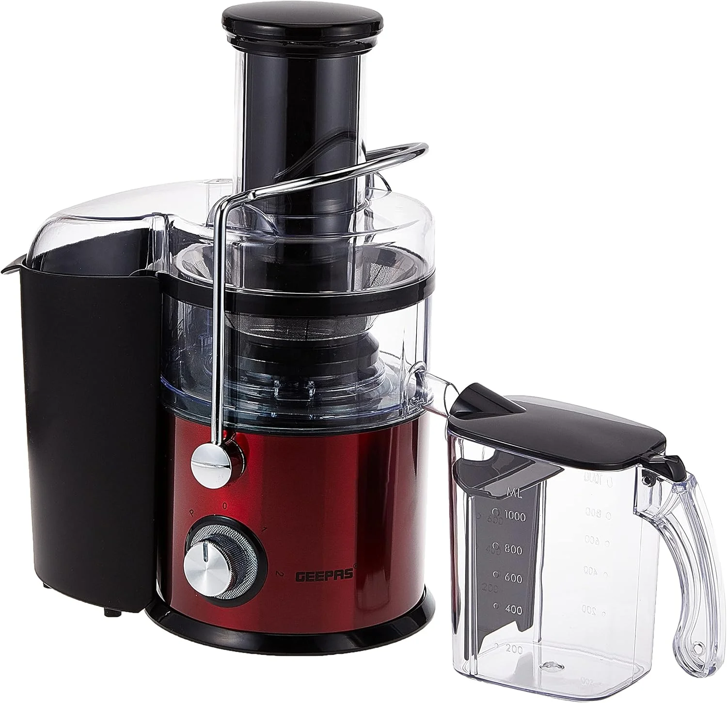 آبمیوه گیری سانتریفیوژ 800 وات Geepas GJE5437 - دستگاه آبمیوه گیری با مخزن تفاله 2.2 لیتری با دهانه پهن 75 میلی متری | 2 سرعته، بدنه استیل ضد زنگ، پایه های ضد لغزش