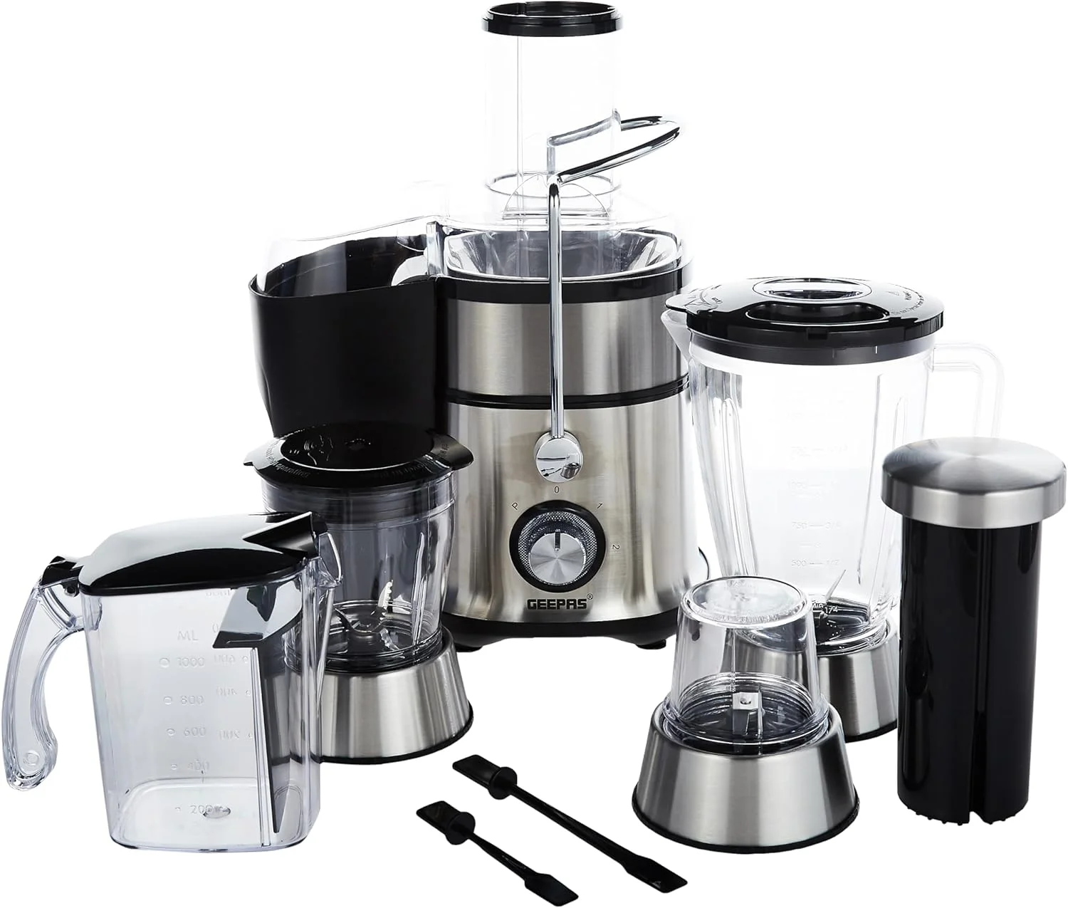 آبمیوه گیری و مخلوط کن 4 در 1 Geepas GSB5451 - مخلوط کن برقی جمع و جور، آبمیوه گیری، خردکن و آسیاب | عملکرد پالس 2 سرعته برای یخ خردکن | 800 وات - 2 سال گارانتی