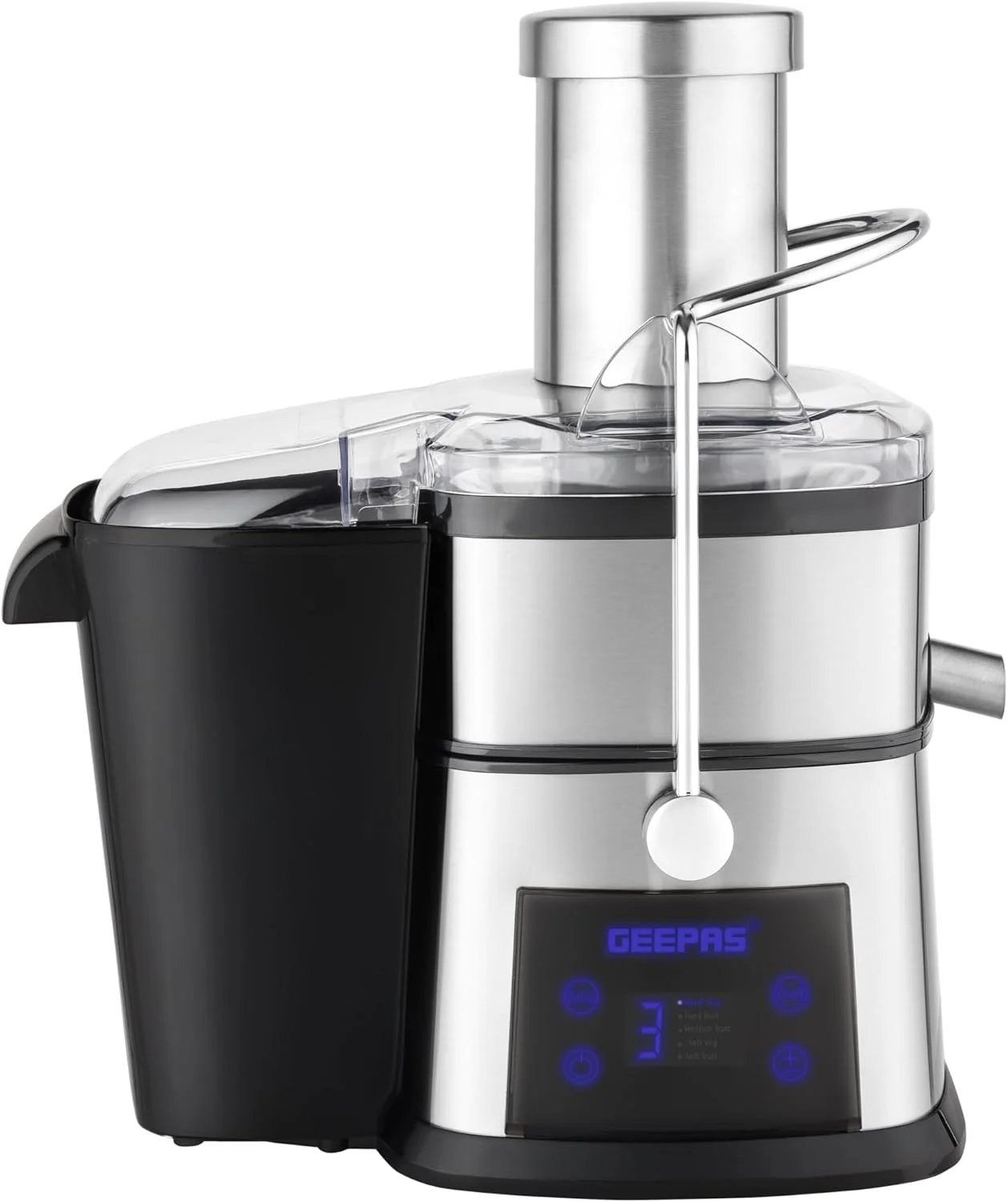 آبمیوه گیری دیجیتال Geepas - GJE46023 / پارچ 1.0 لیتری، مخزن تفاله 2.0 لیتری، موتور قدرتمند 800 واتی با تنظیم 5 سرعت/کنترل لمسی، بدنه استیل ضد زنگ، فشاری، فیلتر و تیغه