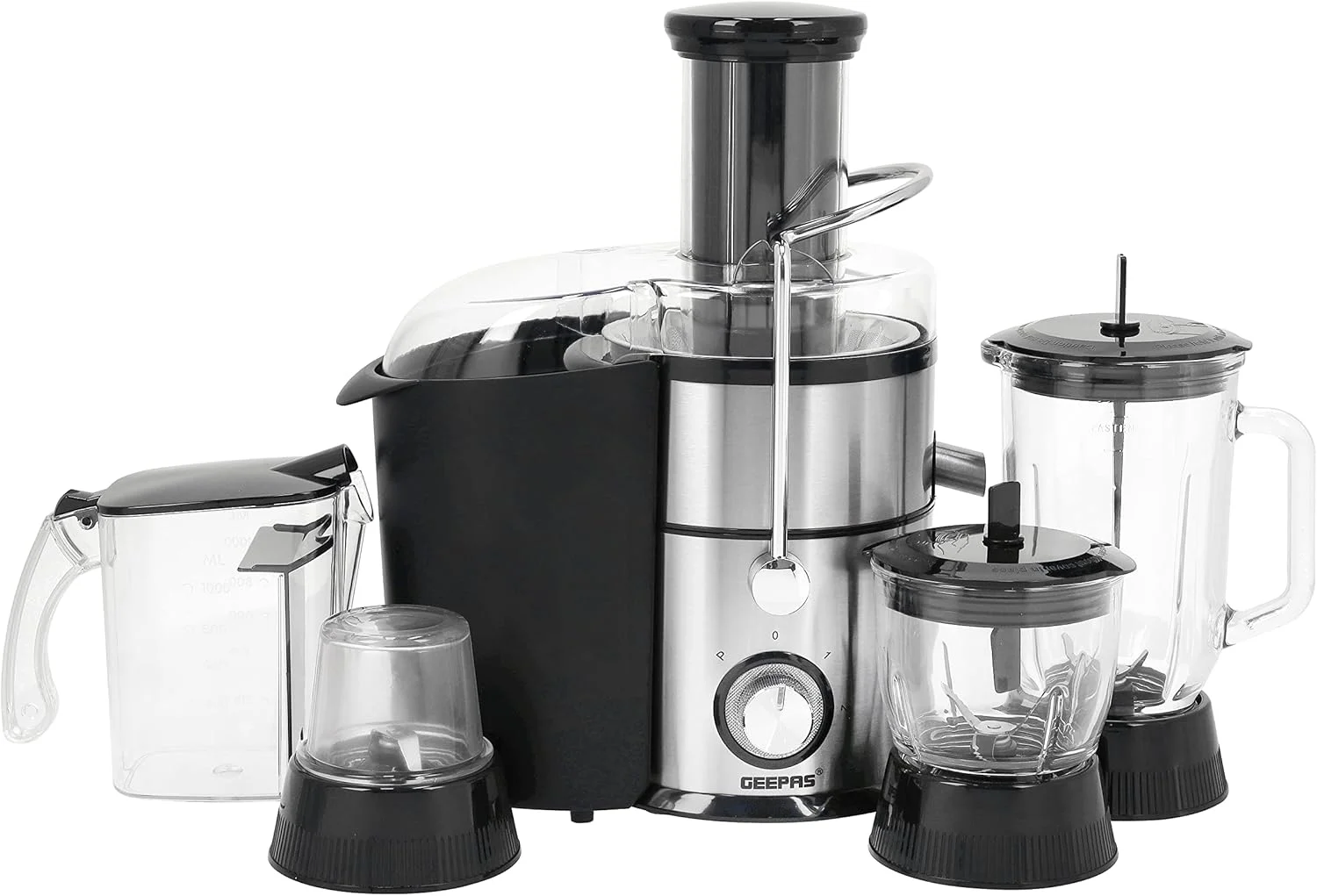 مخلوط کن آبمیوه گیری 4 در 1 Geepas، موتور قدرتمند 800 وات، قفل استیل ضد زنگ Gsb44049، دو سرعت با عملکرد پالس، پارچ/ظرف آبمیوه 1 لیتری، قفل ایمنی، 2 سال گارانتی، مشکی