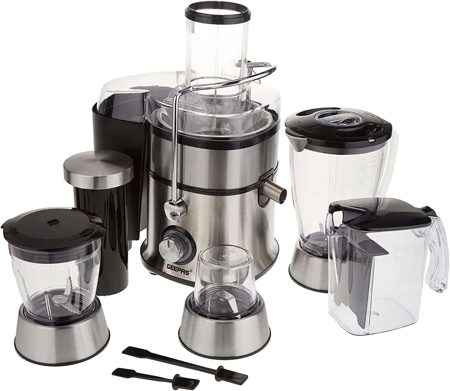 آبمیوه گیری و مخلوط کن 4 در 1 Geepas GSB5451 - مخلوط کن برقی جمع و جور، آبمیوه گیری، خردکن و آسیاب | عملکرد پالس 2 سرعته برای یخ خردکن