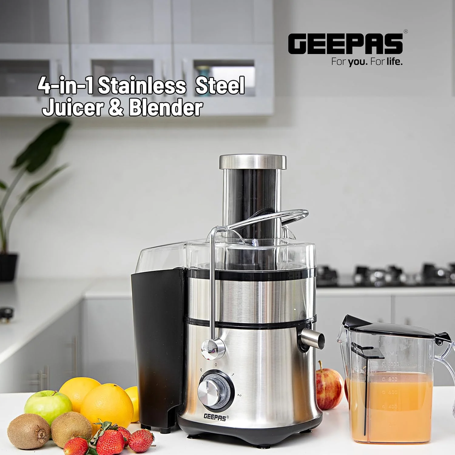 آبمیوه گیری و مخلوط کن 4 در 1 Geepas GSB5451 - مخلوط کن برقی جمع و جور، آبمیوه گیری، خردکن و آسیاب | عملکرد پالس 2 سرعته برای یخ خردکن