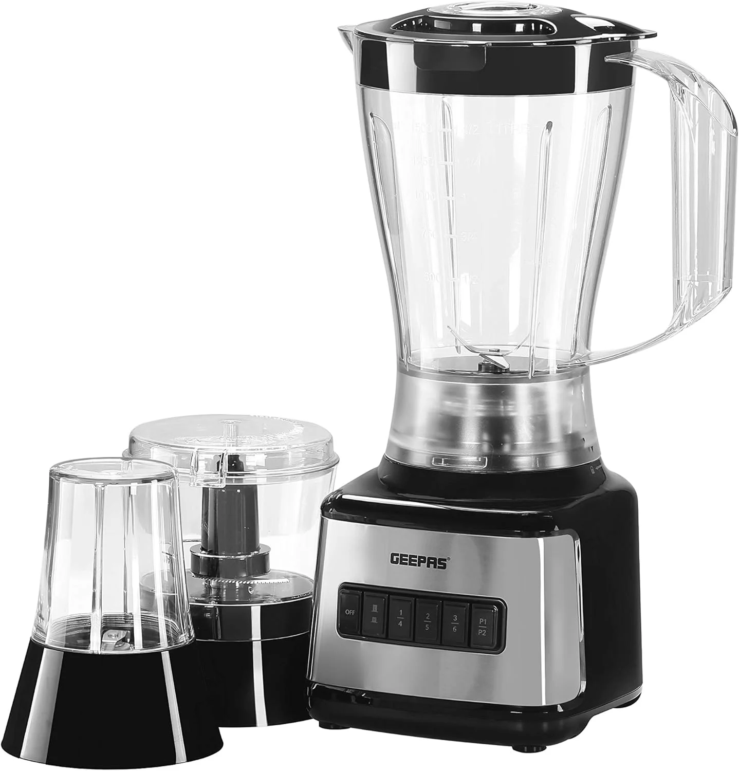 مخلوط کن استیل 3 در 1 Geepas GSB44017 500W - کنترل 8 سرعته، پارچ پلاستیکی 1.5 لیتری، 4 تیغه تیز و 2 حالت از پیش تعیین شده برای مخلوط کردن، آبمیوه گیری، آسیاب و خردکن، طراحی پایه ضد لغزش | 2 سال گارانتی