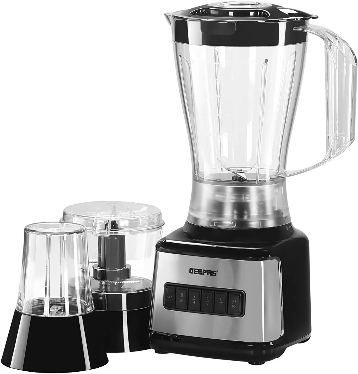 مخلوط کن استیل 3 در 1 Geepas GSB44017 500W - کنترل 8 سرعته، پارچ پلاستیکی 1.5 لیتری، 4 تیغه تیز و 2 حالت از پیش تعیین شده برای مخلوط کردن، آبمیوه گیری، آسیاب و خردکن، طراحی پایه ضد لغزش | 2 سال گارانتی