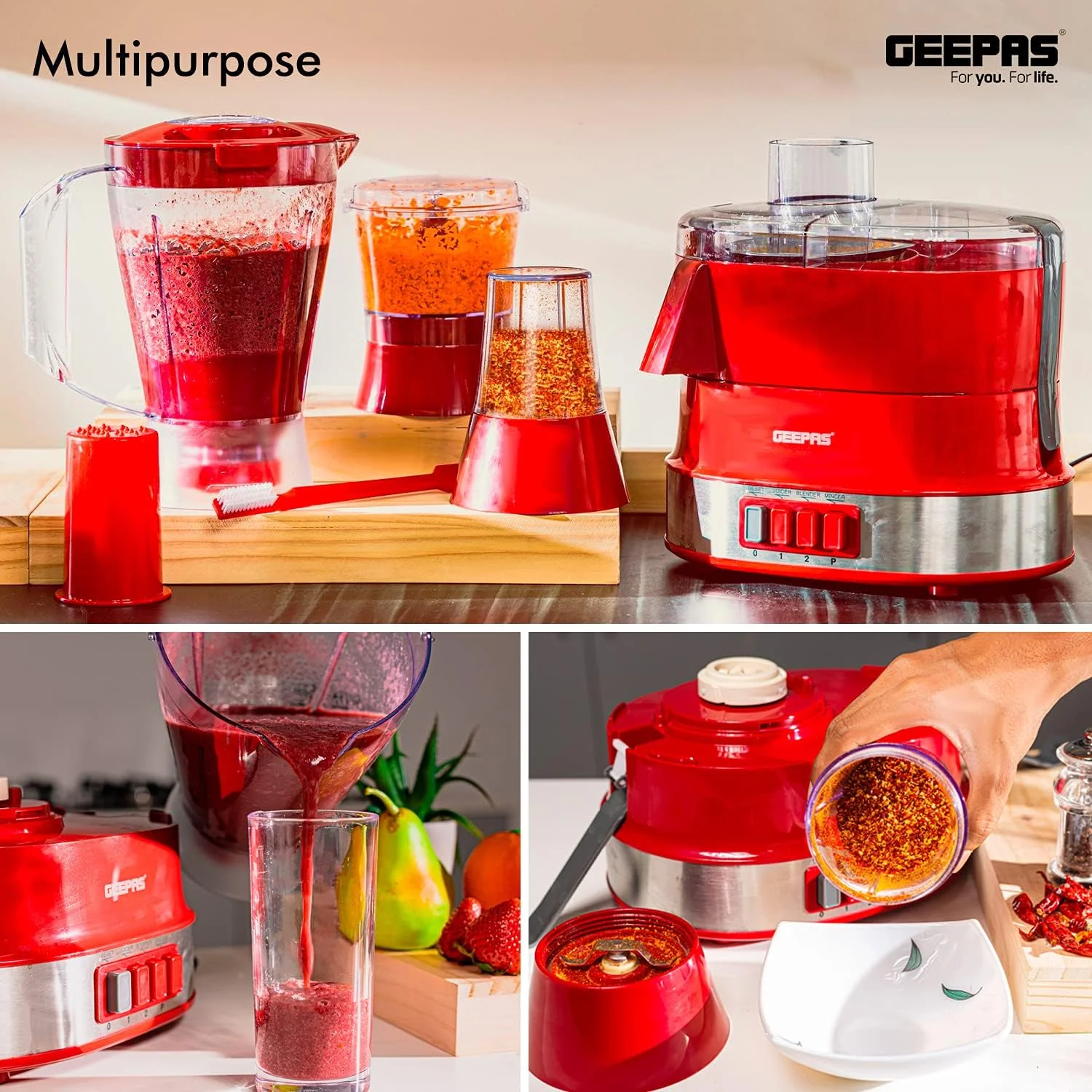 غذاساز 4 در 1 چند منظوره Geepas | آبمیوه گیری برقی، مخلوط کن، 2 سرعته با عملکرد پالس و قفل ایمنی 800 وات | شامل آبمیوه گیری، مخلوط کن، آسیاب قهوه - متنوع