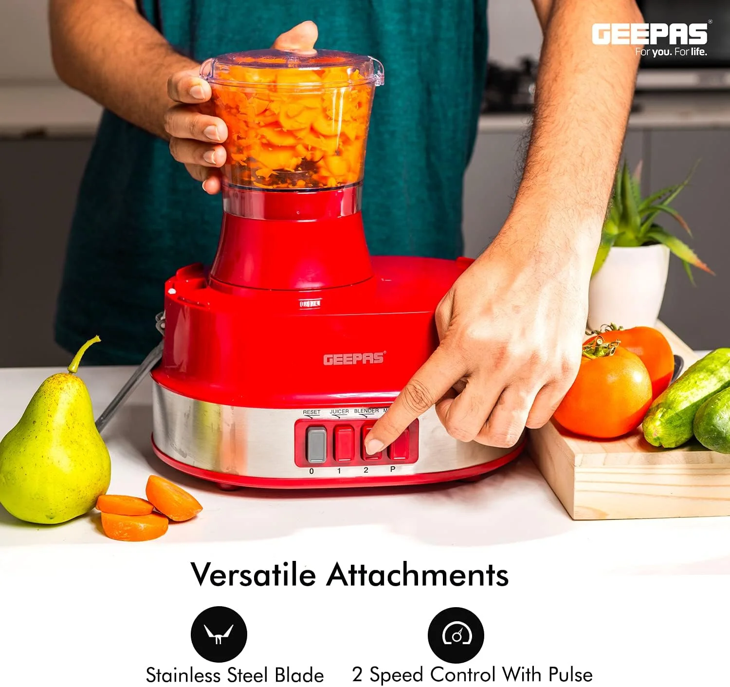 غذاساز 4 در 1 چند منظوره Geepas | آبمیوه گیری برقی، مخلوط کن، 2 سرعته با عملکرد پالس و قفل ایمنی 800 وات | شامل آبمیوه گیری، مخلوط کن، آسیاب قهوه - متنوع