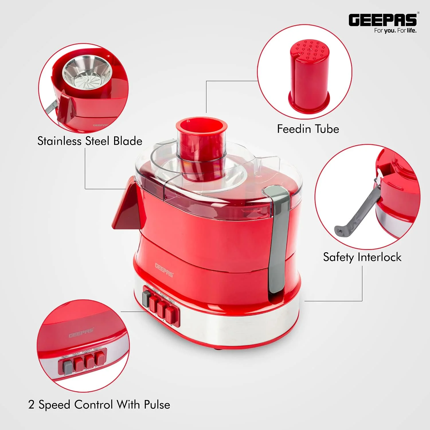 غذاساز 4 در 1 چند منظوره Geepas | آبمیوه گیری برقی، مخلوط کن، 2 سرعته با عملکرد پالس و قفل ایمنی 800 وات | شامل آبمیوه گیری، مخلوط کن، آسیاب قهوه - متنوع