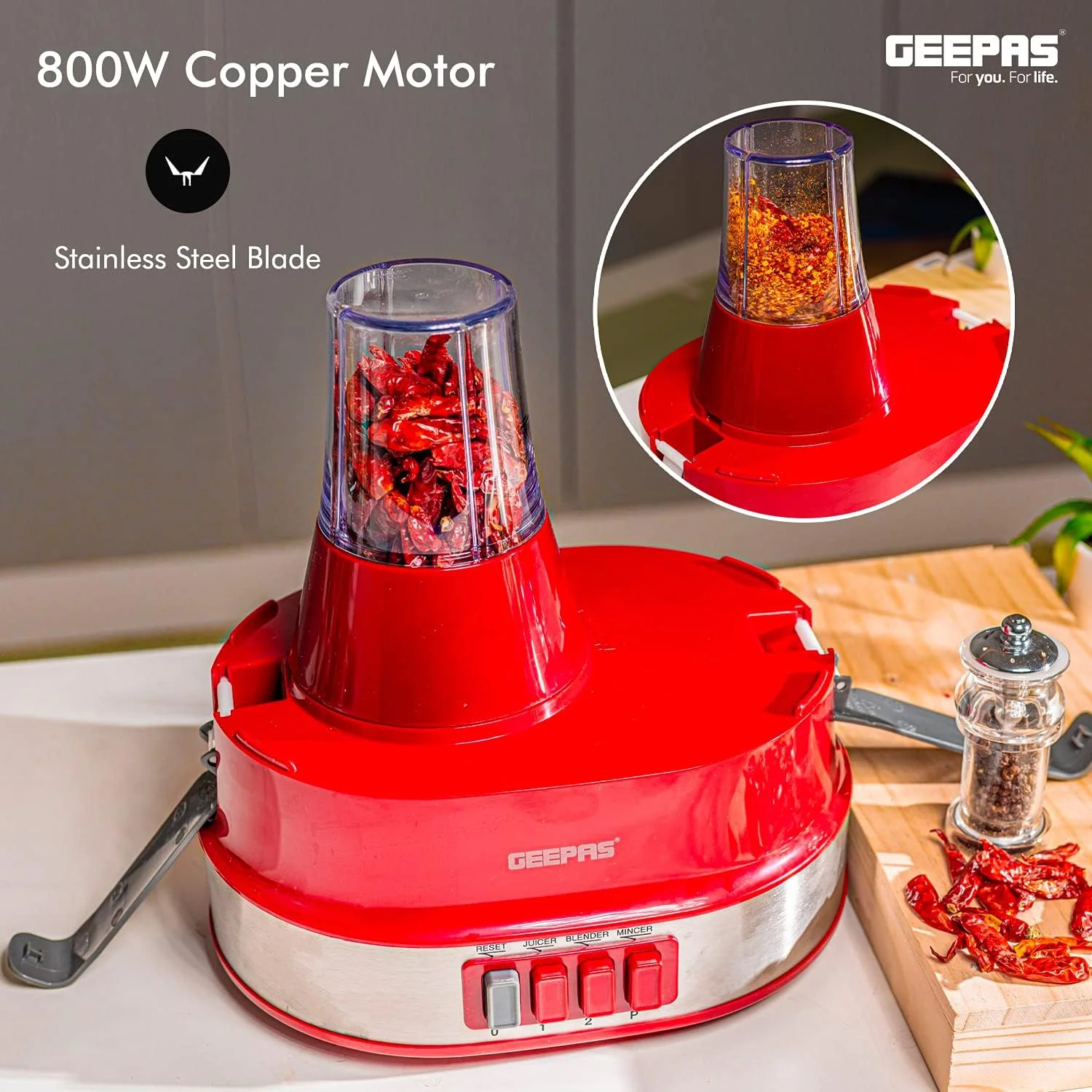 غذاساز 4 در 1 چند منظوره Geepas | آبمیوه گیری برقی، مخلوط کن، 2 سرعته با عملکرد پالس و قفل ایمنی 800 وات | شامل آبمیوه گیری، مخلوط کن، آسیاب قهوه - متنوع