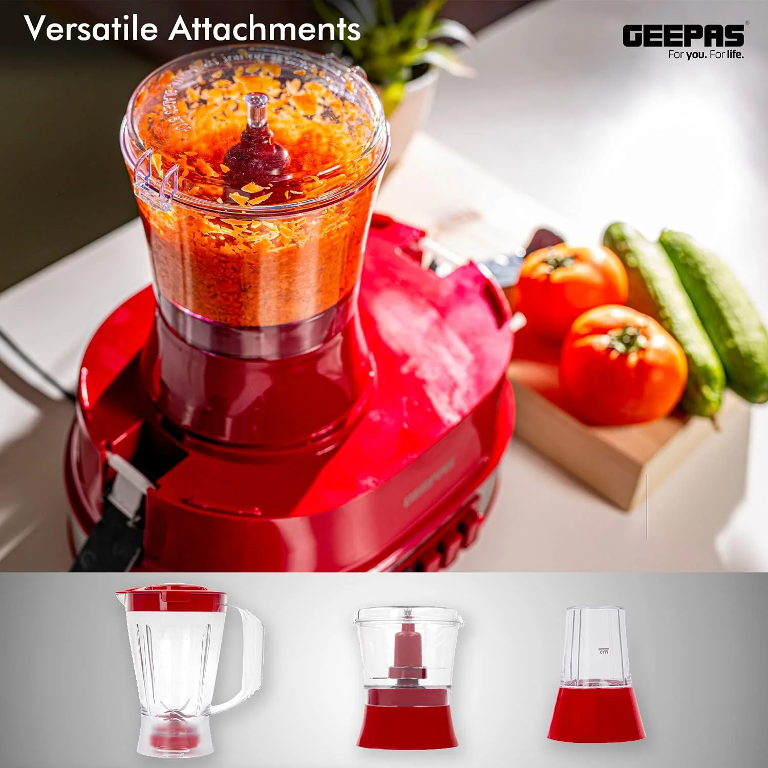 غذاساز 4 در 1 چند منظوره Geepas | آبمیوه گیری برقی، مخلوط کن، 2 سرعته با عملکرد پالس و قفل ایمنی 800 وات | شامل آبمیوه گیری، مخلوط کن، آسیاب قهوه - متنوع