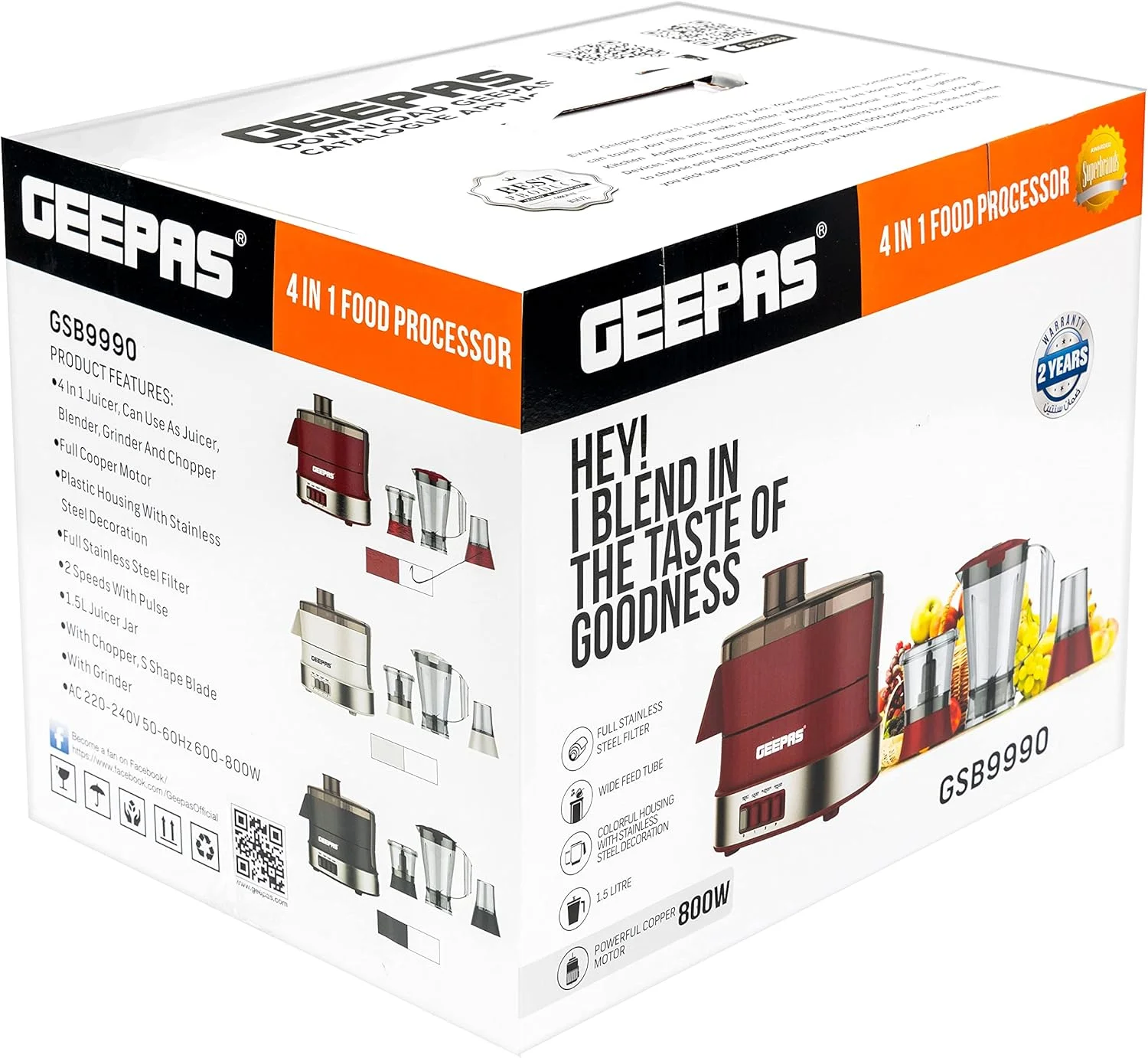 غذاساز 4 در 1 چند منظوره Geepas | آبمیوه گیری برقی، مخلوط کن، 2 سرعته با عملکرد پالس و قفل ایمنی 800 وات | شامل آبمیوه گیری، مخلوط کن، آسیاب قهوه - متنوع