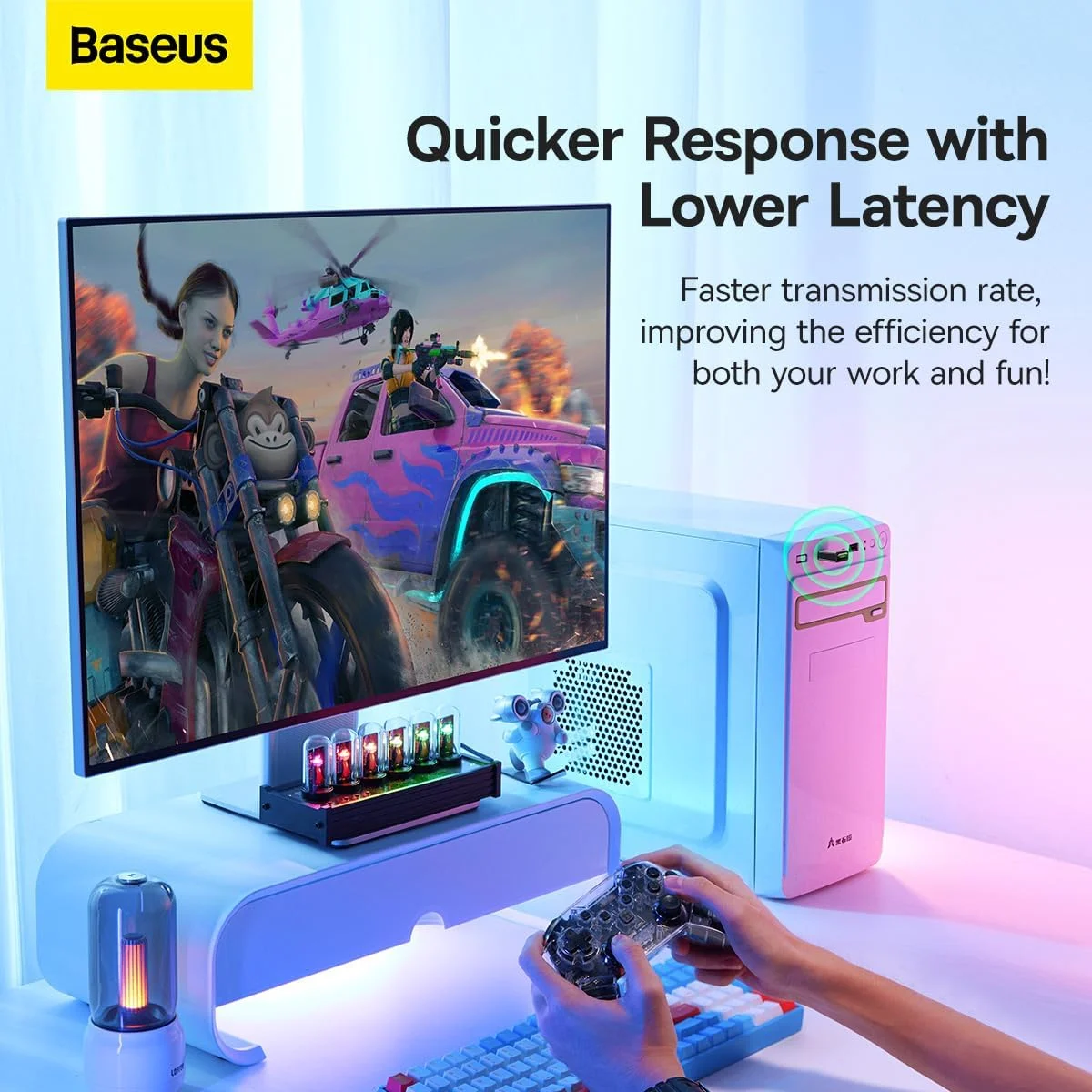 آداپتور بلوتوث 5.3 Baseus 【Plug & Play】 آداپتور بلوتوث USB برای کامپیوتر، دانگل بلوتوث، آداپتور گیرنده بلوتوث USB با برد گسترده 20 متری برای ماوس، کیبورد، هدفون، بلندگو سازگار با Win 11/10/8.1